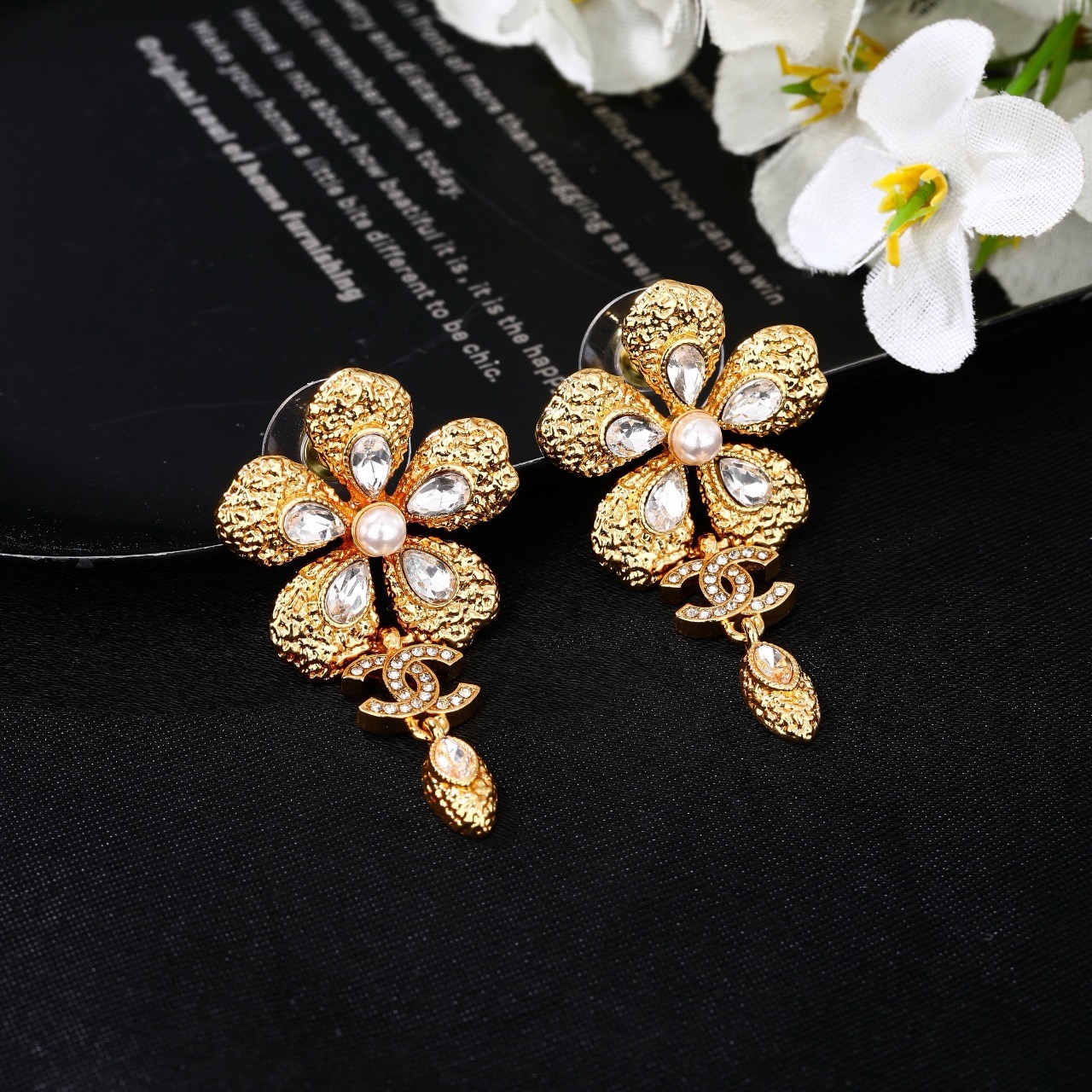 Chanel CC Flower Drop Earrings earrings gold-tone metal clear faceted crystals cream faux pearl 3 5cm drop length