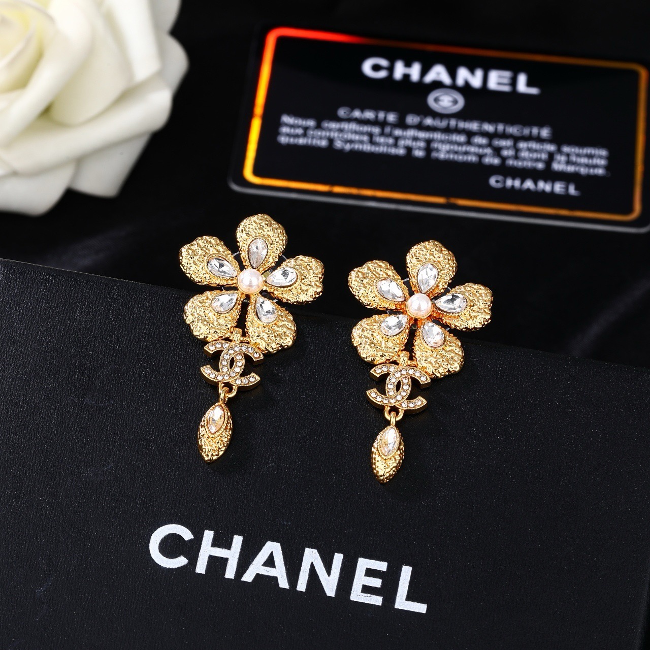 Chanel CC Flower Drop Earrings earrings gold-tone metal clear faceted crystals cream faux pearl 3 5cm drop length