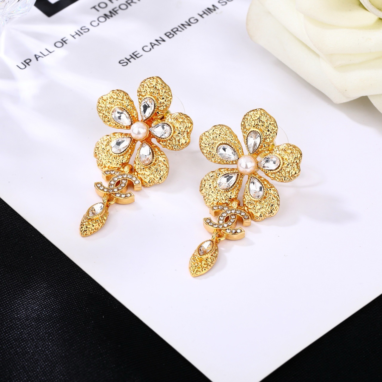 Chanel CC Flower Drop Earrings earrings gold-tone metal clear faceted crystals cream faux pearl 3 5cm drop length