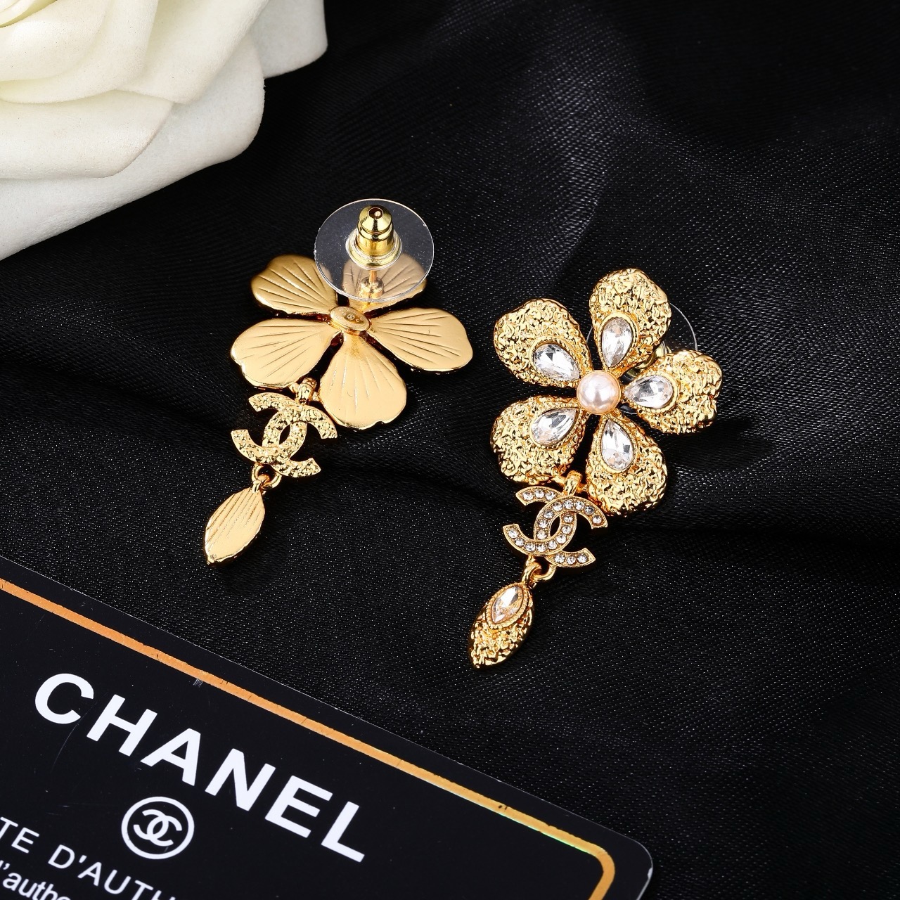 Chanel CC Flower Drop Earrings earrings gold-tone metal clear faceted crystals cream faux pearl 3 5cm drop length