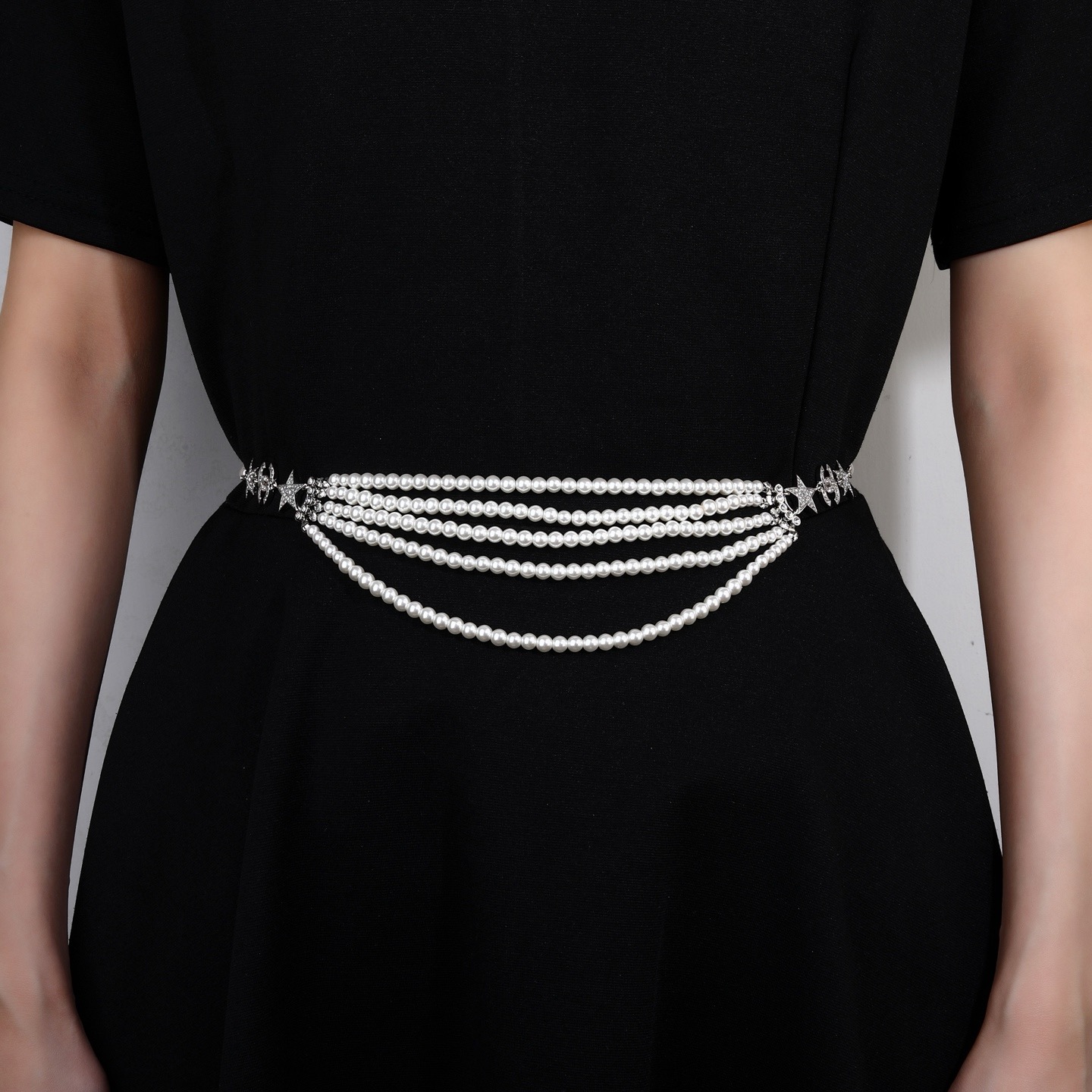 Chanel CC Logo Star Multi-Strand Pearl necklace silver-tone metal white faux pearl clear crystal 42cm with 5cm extender chain