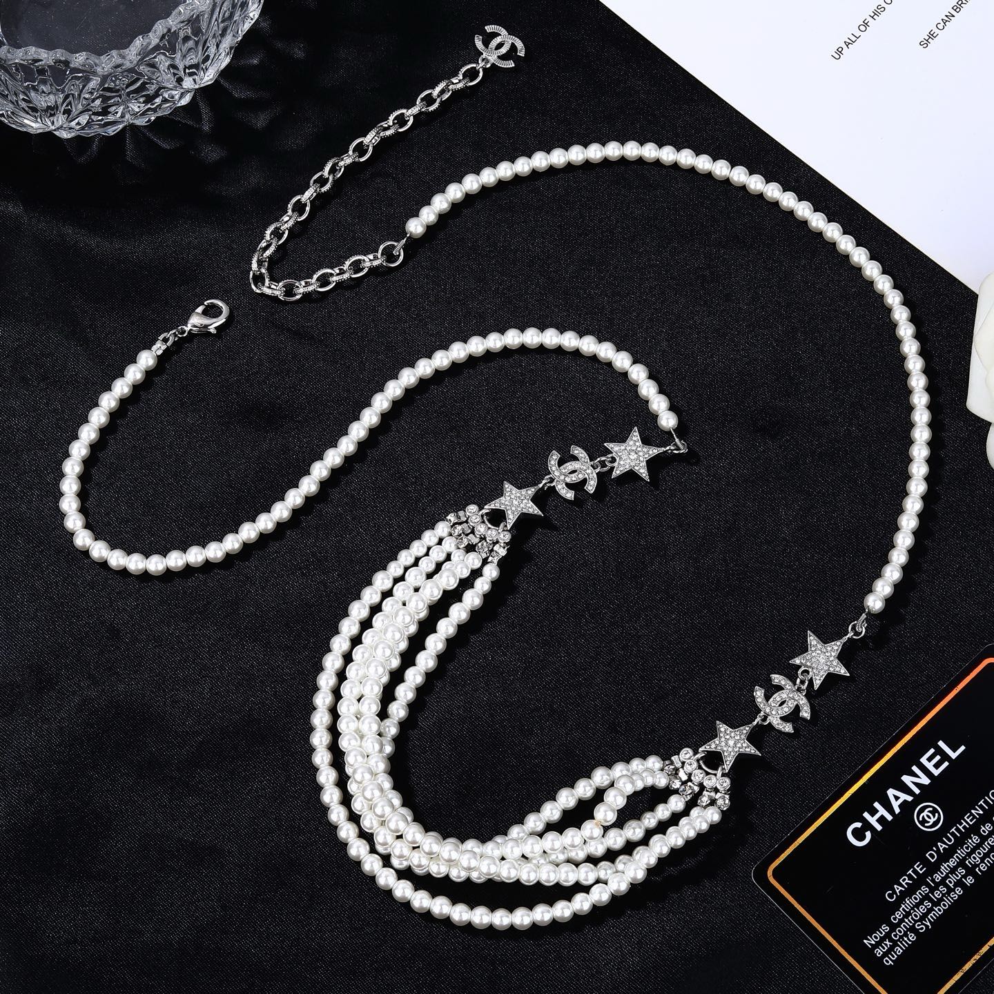 Chanel CC Logo Star Multi-Strand Pearl necklace silver-tone metal white faux pearl clear crystal 42cm with 5cm extender chain