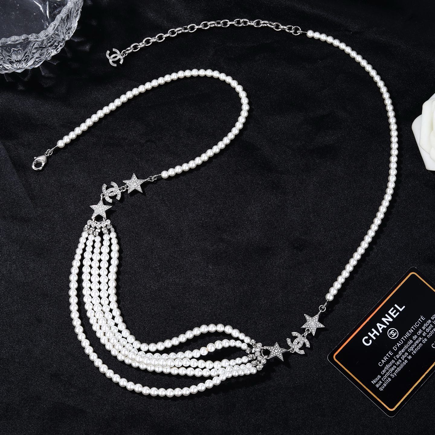 Chanel CC Logo Star Multi-Strand Pearl necklace silver-tone metal white faux pearl clear crystal 42cm with 5cm extender chain