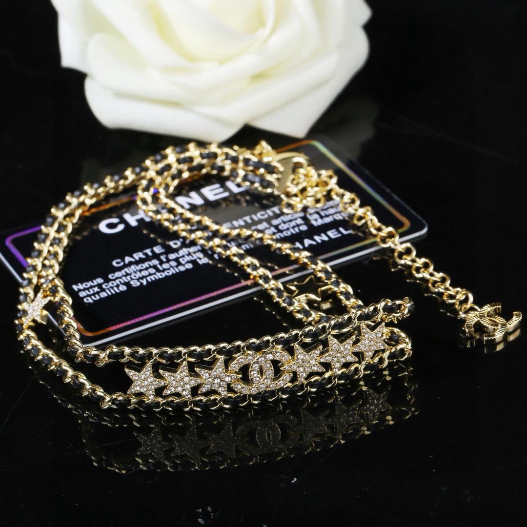 Chanel CC Star Crystal Leather Woven Choker necklace Gold-tone metal black leather clear crystal 38cm with 5cm extender