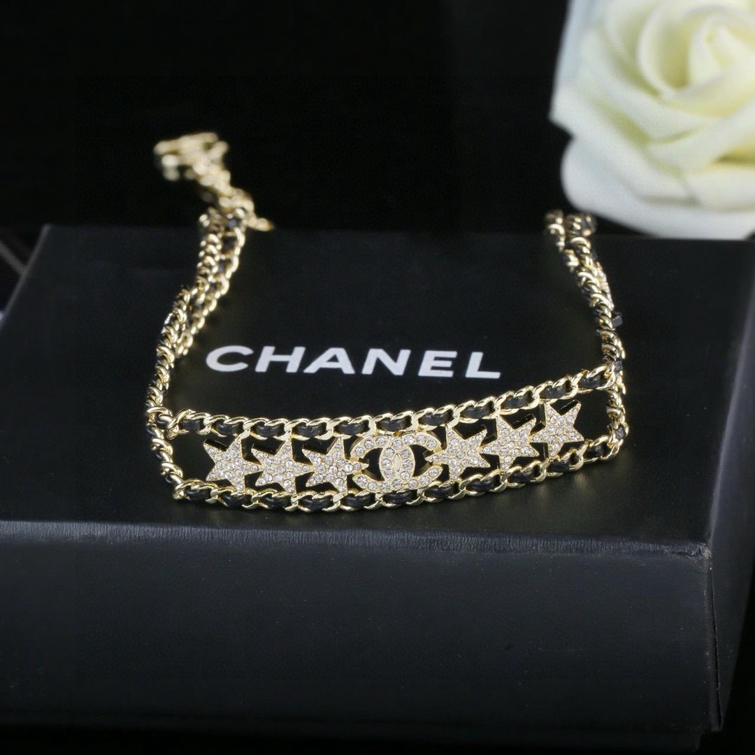 Chanel CC Star Crystal Leather Woven Choker necklace Gold-tone metal black leather clear crystal 38cm with 5cm extender