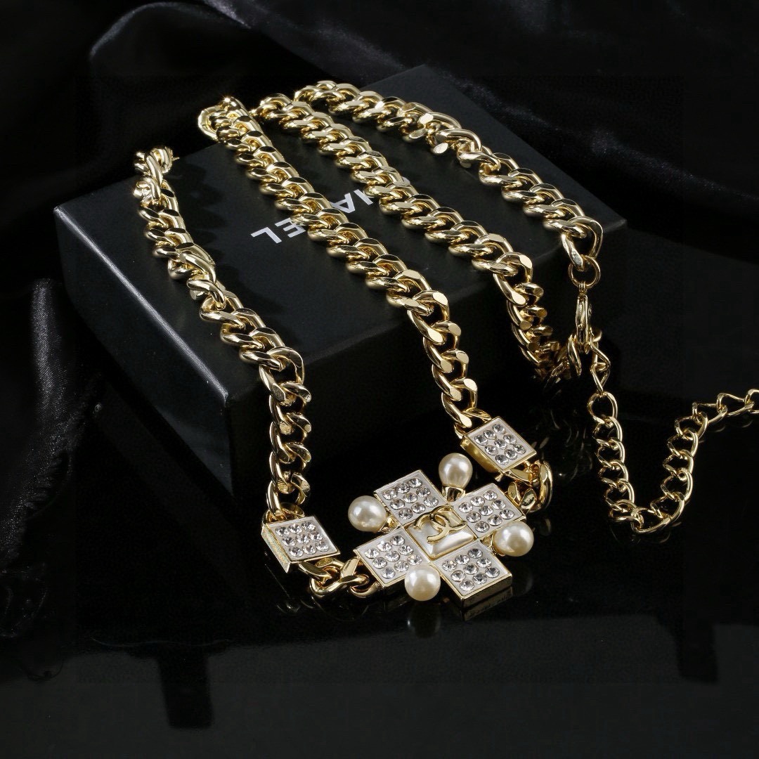 Chanel CC Cross Crystal Pearl Chain necklace Gold-tone metal clear crystal white pearl 80cm