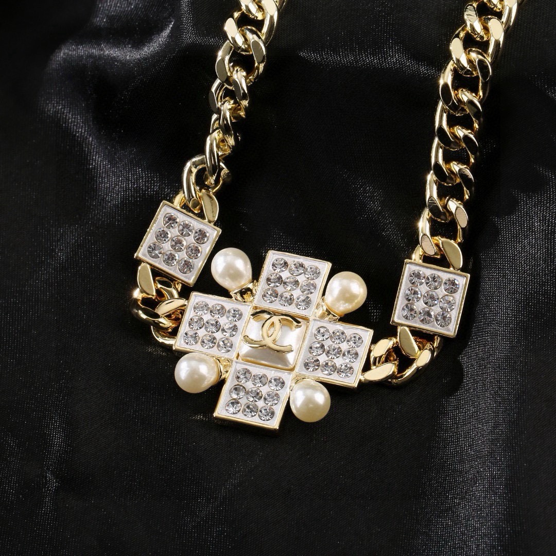 Chanel CC Cross Crystal Pearl Chain necklace Gold-tone metal clear crystal white pearl 80cm