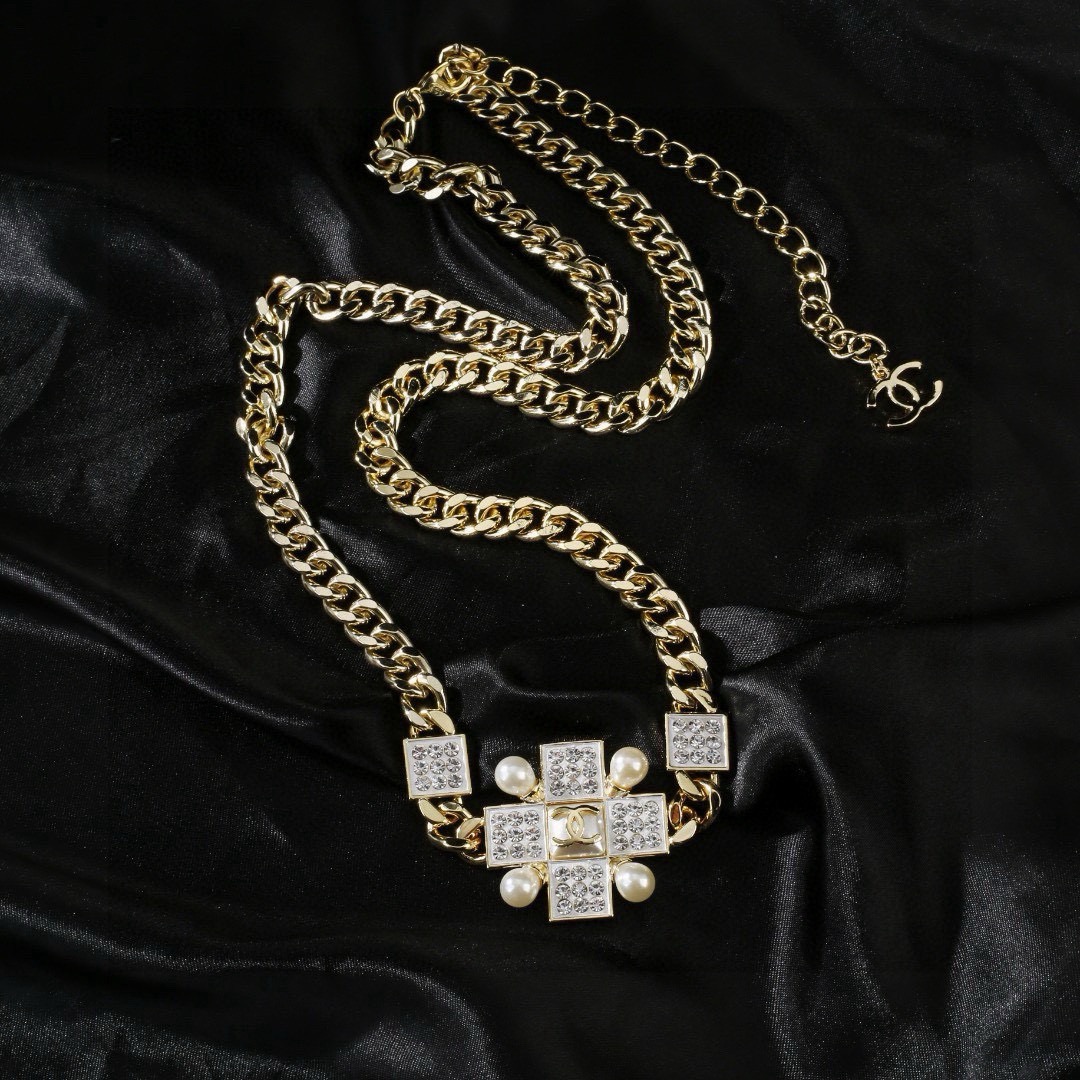 Chanel CC Cross Crystal Pearl Chain necklace Gold-tone metal clear crystal white pearl 80cm