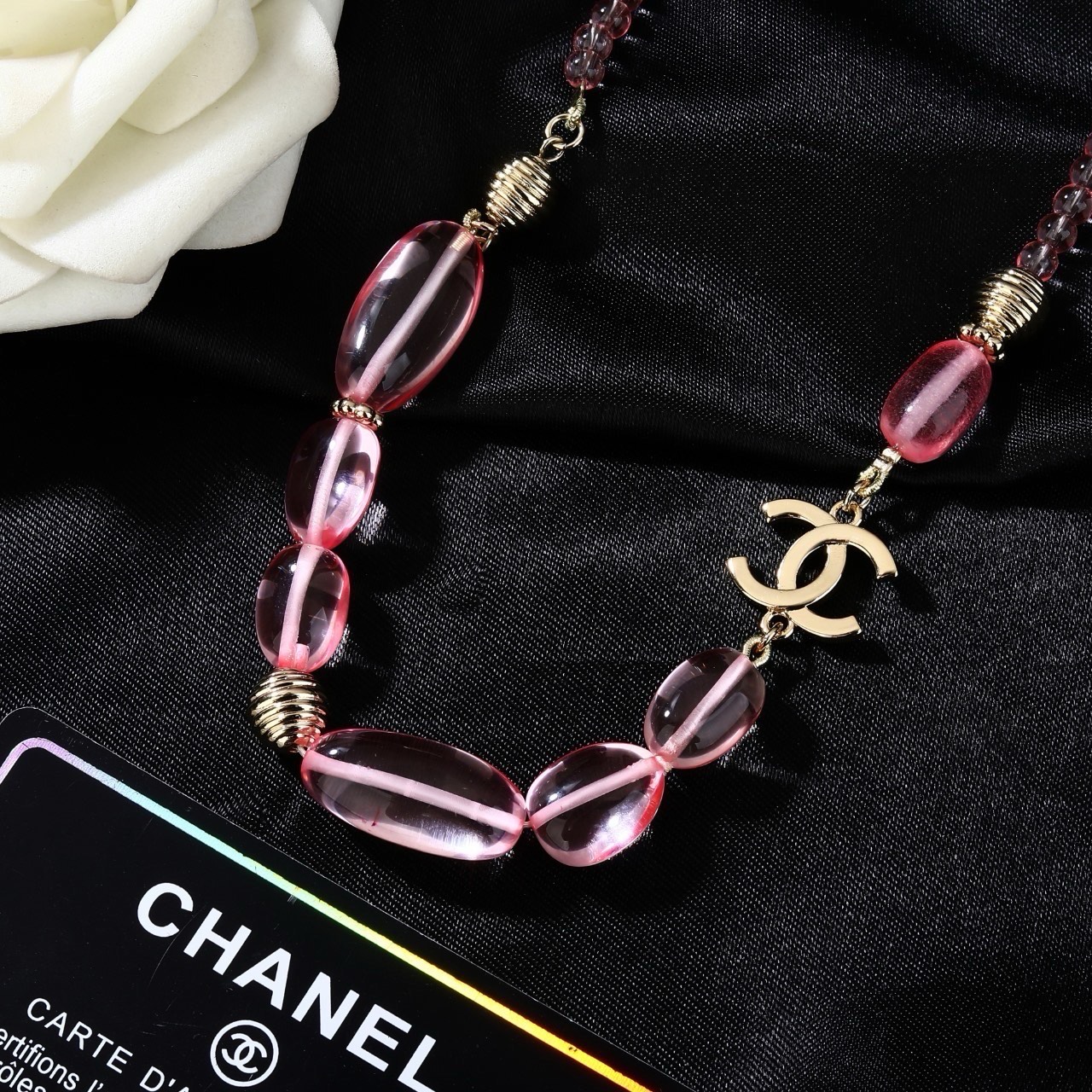 Chanel CC Logo Pink Resin Bead Necklace necklace Light gold tone metal translucent pink resin beads 42cm with 5cm extender chain