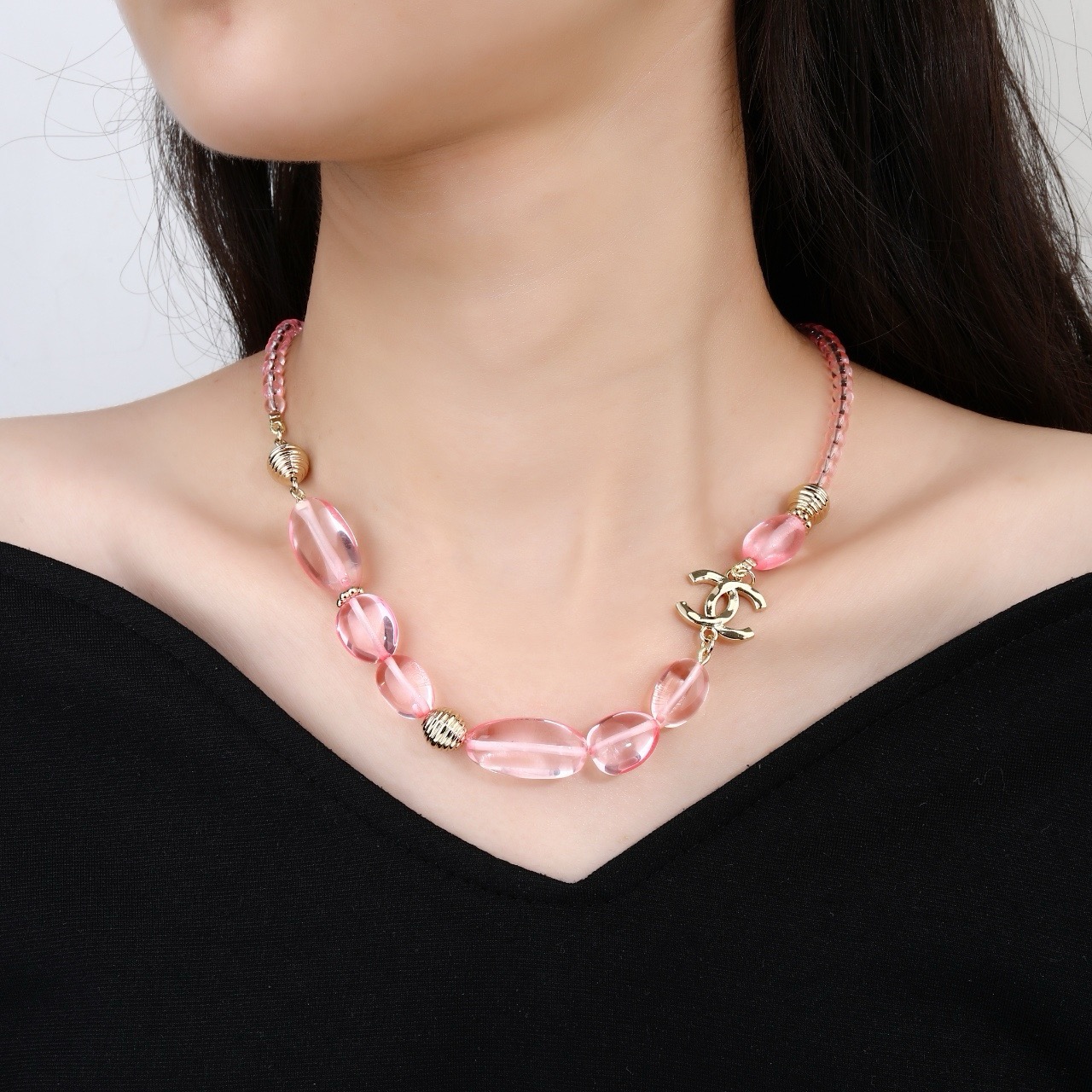 Chanel CC Logo Pink Resin Bead Necklace necklace Light gold tone metal translucent pink resin beads 42cm with 5cm extender chain