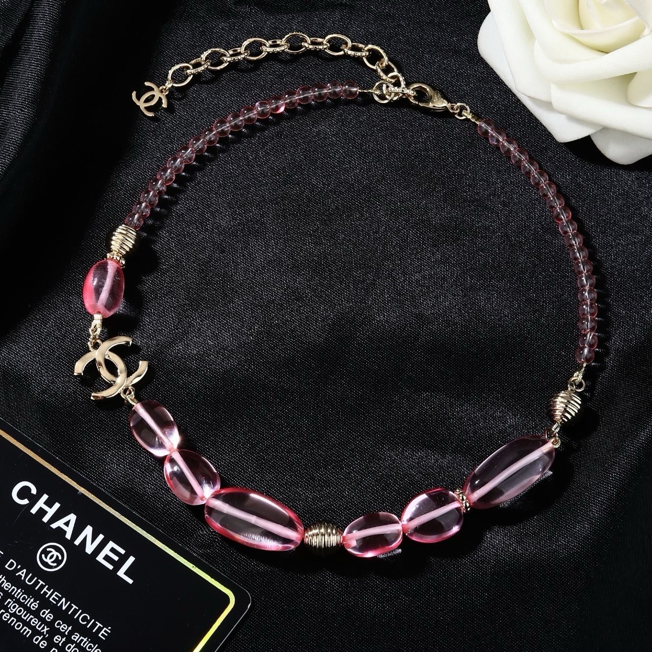 Chanel CC Logo Pink Resin Bead Necklace necklace Light gold tone metal translucent pink resin beads 42cm with 5cm extender chain