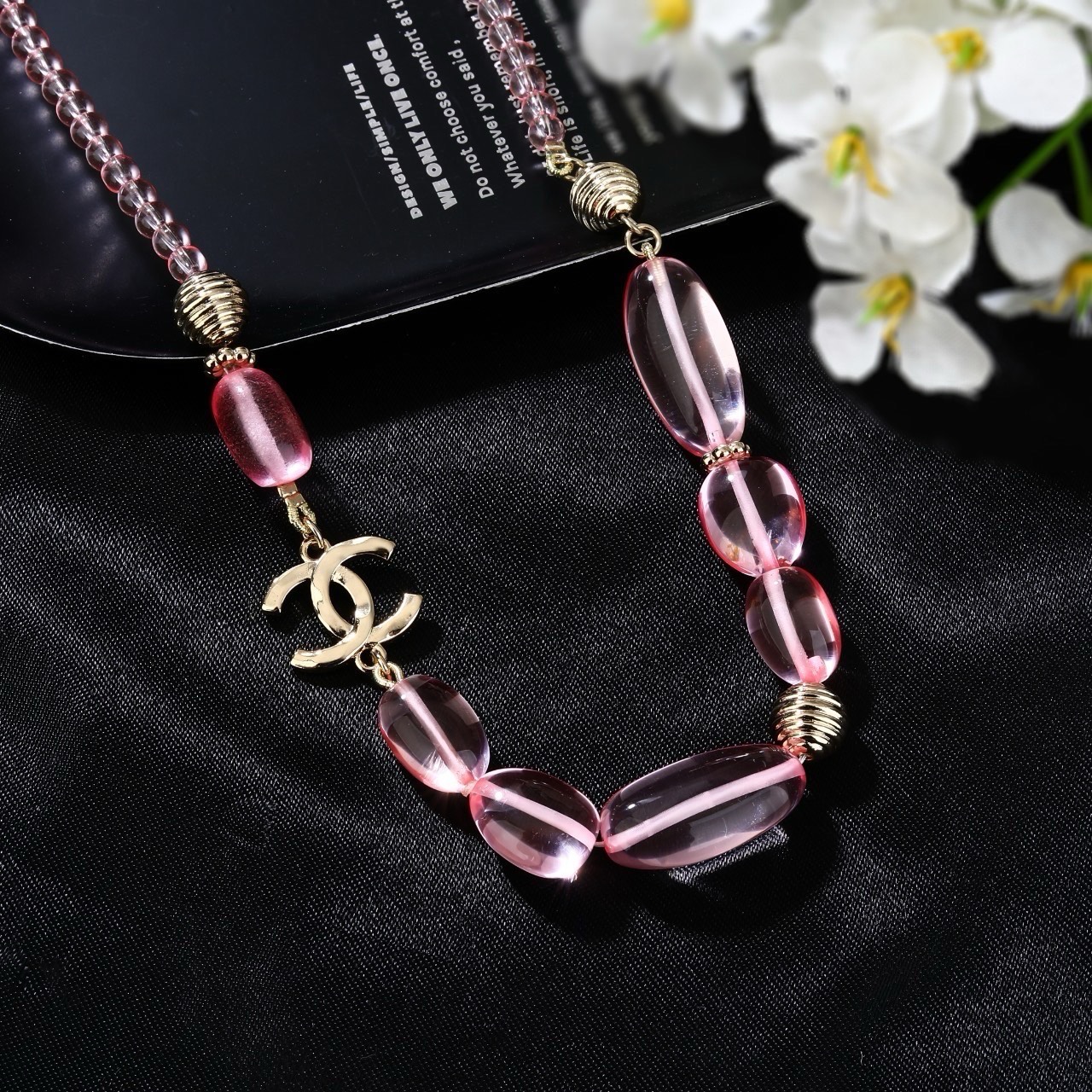 Chanel CC Logo Pink Resin Bead Necklace necklace Light gold tone metal translucent pink resin beads 42cm with 5cm extender chain