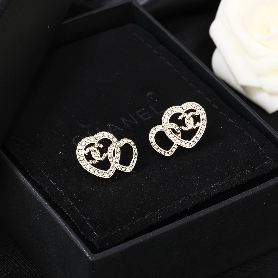 Chanel Interlocking CC Double Heart Crystal Stud Earrings earrings light gold tone metal with clear crystal accents 2cm width per earring