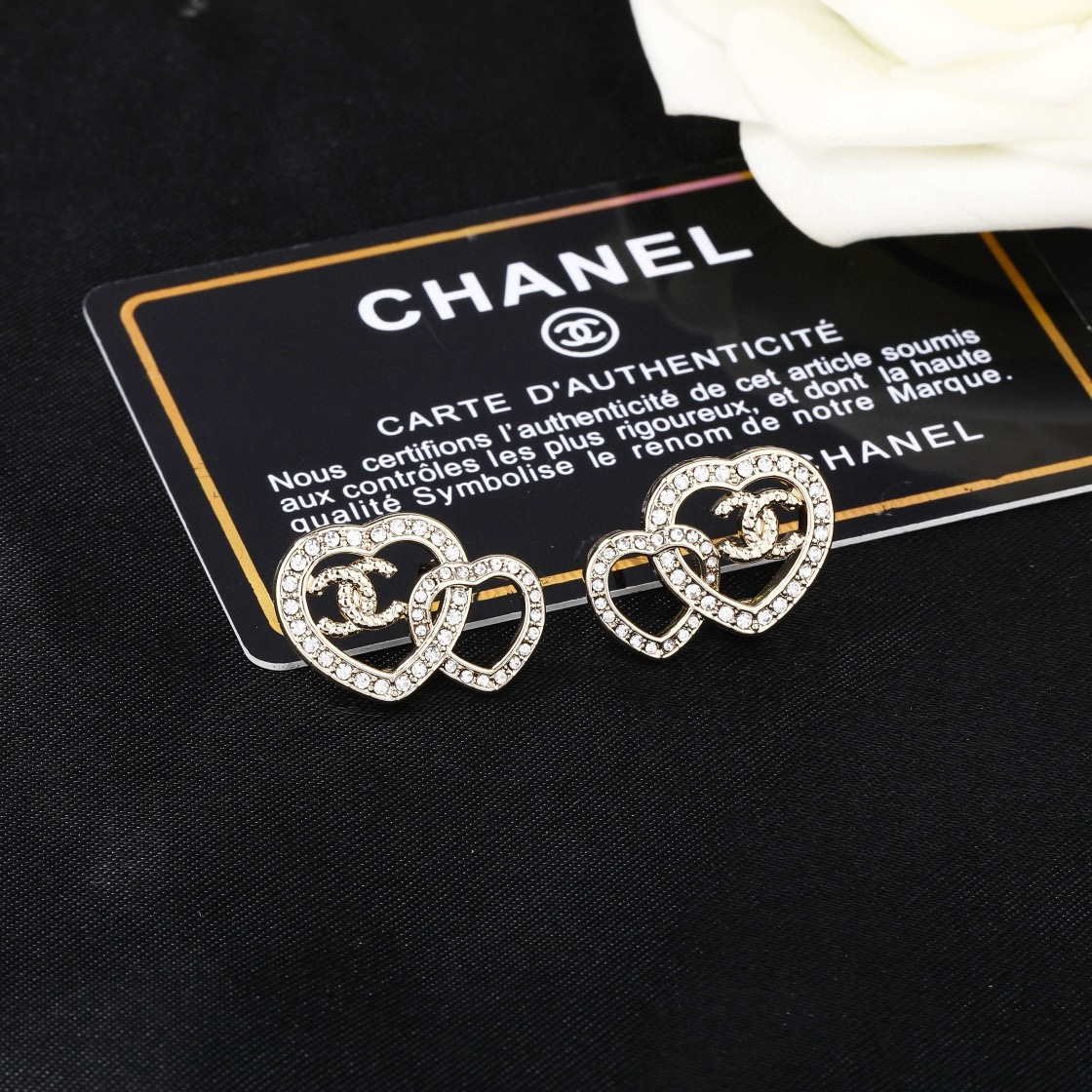 Chanel Interlocking CC Double Heart Crystal Stud Earrings earrings light gold tone metal with clear crystal accents 2cm width per earring