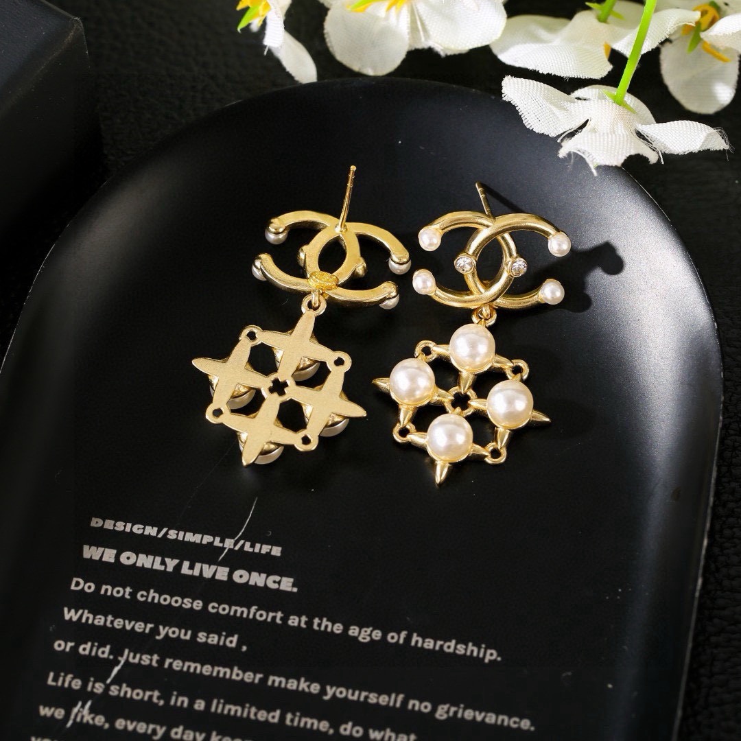 Chanel CC Logo Pearl Star Drop Earrings earrings gold-tone metal white faux pearls clear crystal accents 3 2cm drop length