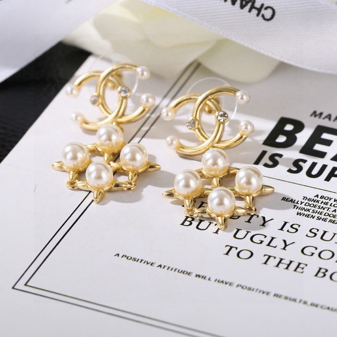 Chanel CC Logo Pearl Star Drop Earrings earrings gold-tone metal white faux pearls clear crystal accents 3 2cm drop length