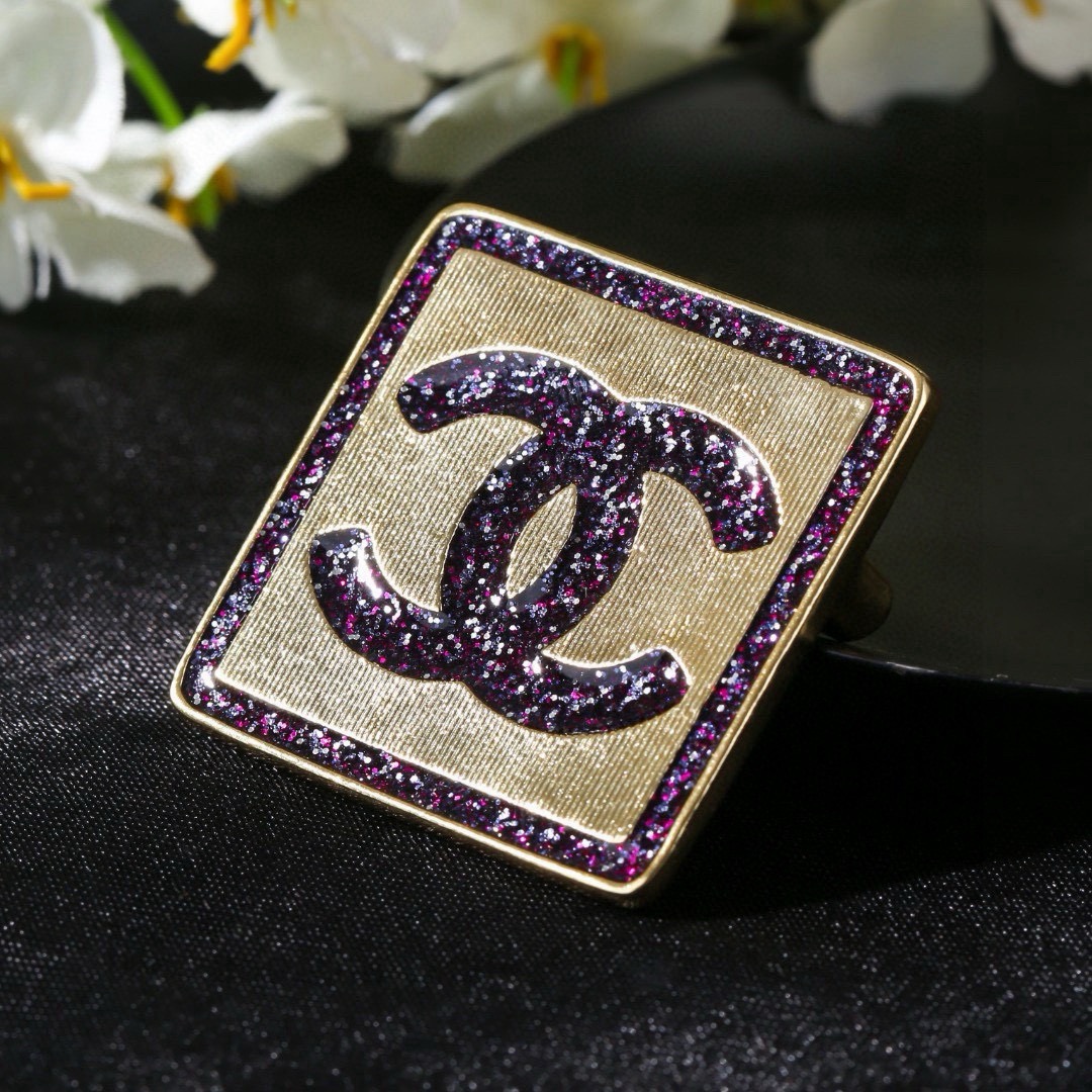 Chanel CC No 5 Square Stud Earrings earrings gold-tone metal with purple glitter enamel 2cm