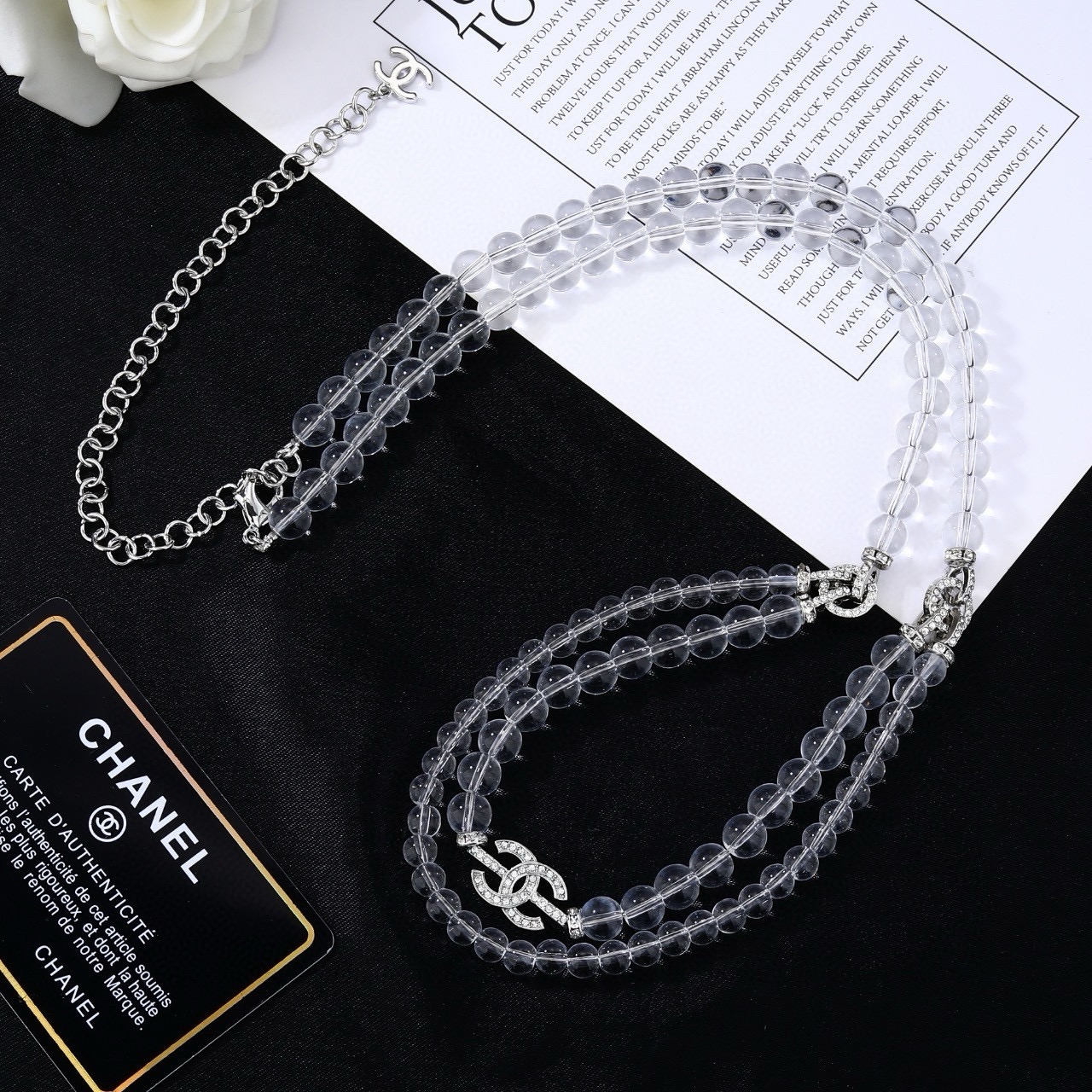 Chanel CC Logo Double Strand Transparent Bead Necklace necklace Silver-tone metal with clear transparent resin beads and clear crystal rhinestones 42cm with 5cm extender chain