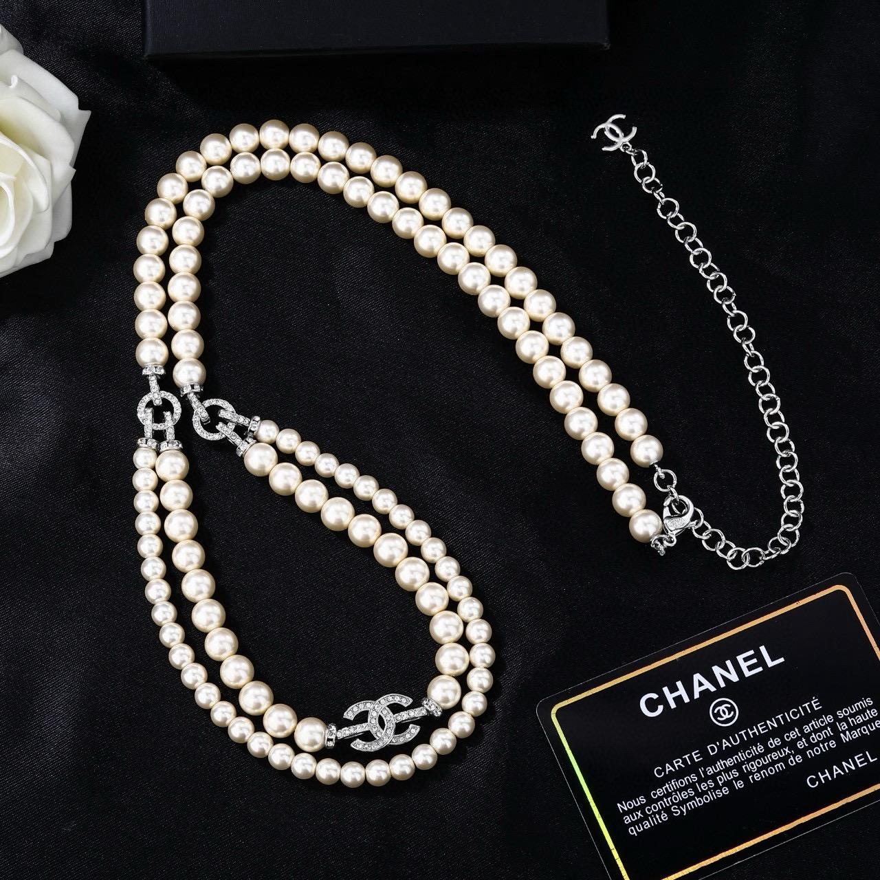 Chanel CC Logo Double Strand Transparent Bead Necklace necklace Silver-tone metal with clear transparent resin beads and clear crystal rhinestones 42cm with 5cm extender chain