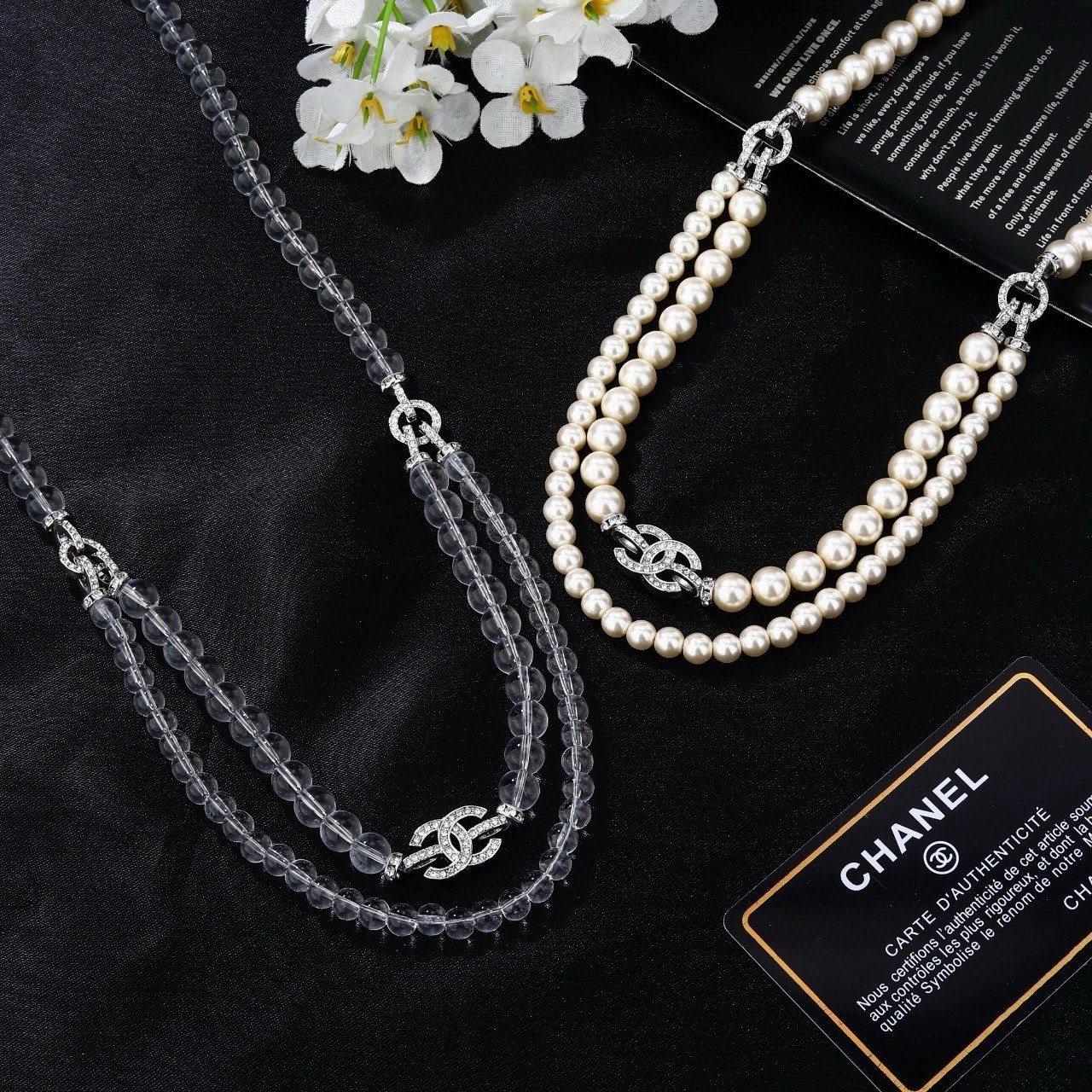 Chanel CC Logo Double Strand Transparent Bead Necklace necklace Silver-tone metal with clear transparent resin beads and clear crystal rhinestones 42cm with 5cm extender chain