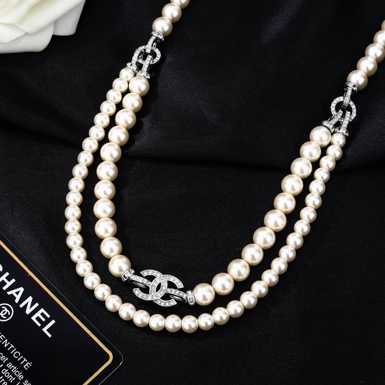 Chanel CC Logo Double Strand Transparent Bead Necklace necklace Silver-tone metal with clear transparent resin beads and clear crystal rhinestones 42cm with 5cm extender chain
