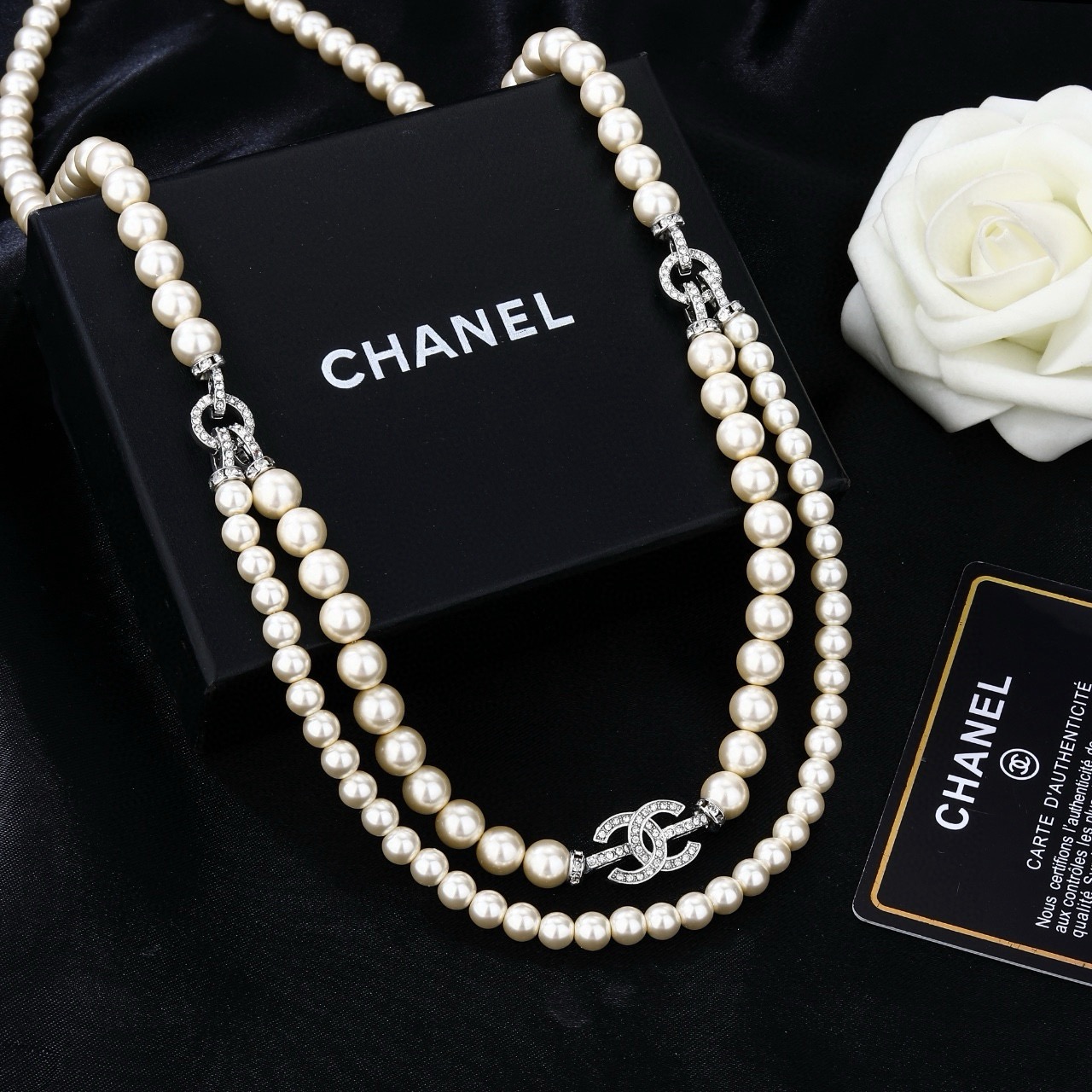 Chanel CC Logo Double Strand Transparent Bead Necklace necklace Silver-tone metal with clear transparent resin beads and clear crystal rhinestones 42cm with 5cm extender chain
