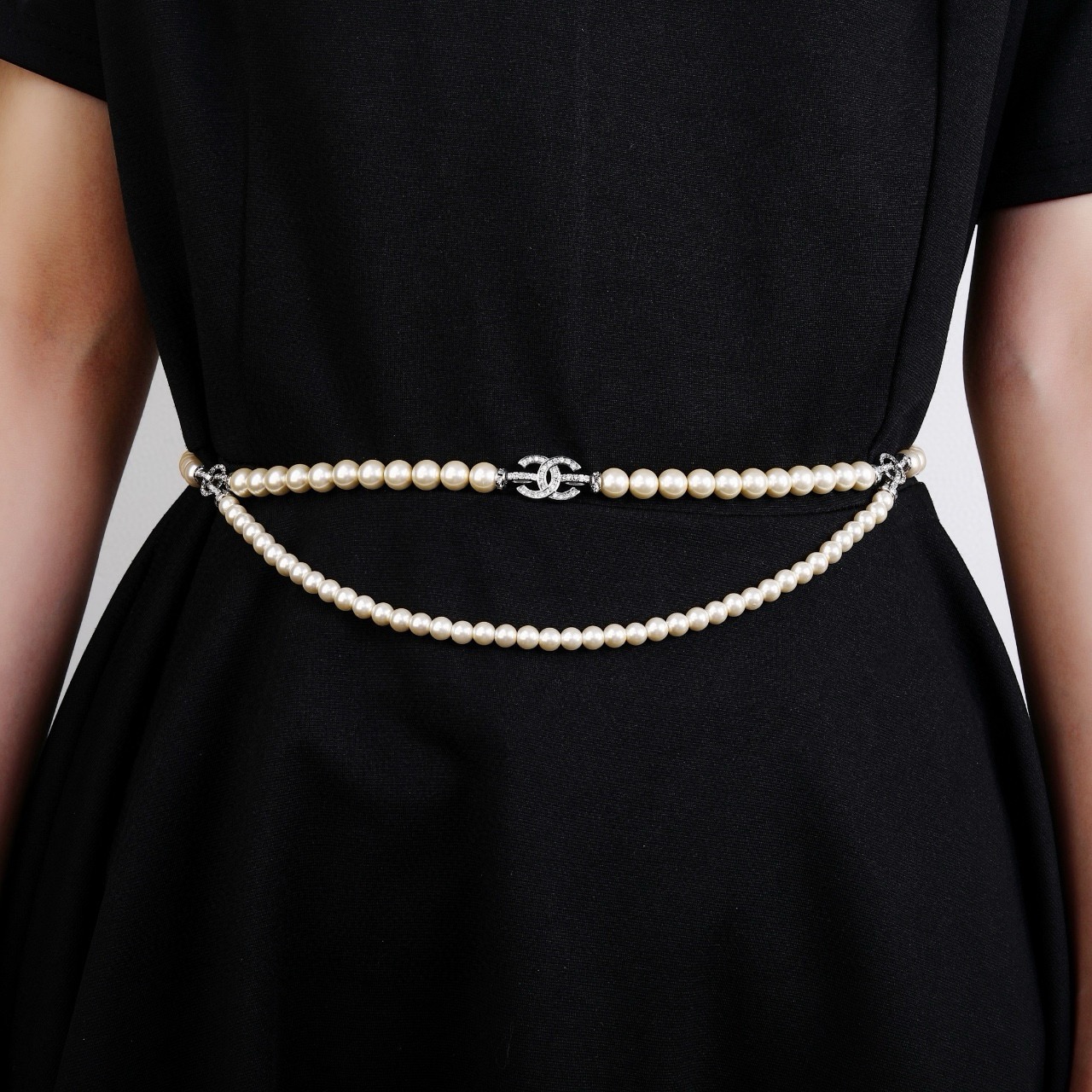 Chanel CC Logo Double Strand Transparent Bead Necklace necklace Silver-tone metal with clear transparent resin beads and clear crystal rhinestones 42cm with 5cm extender chain