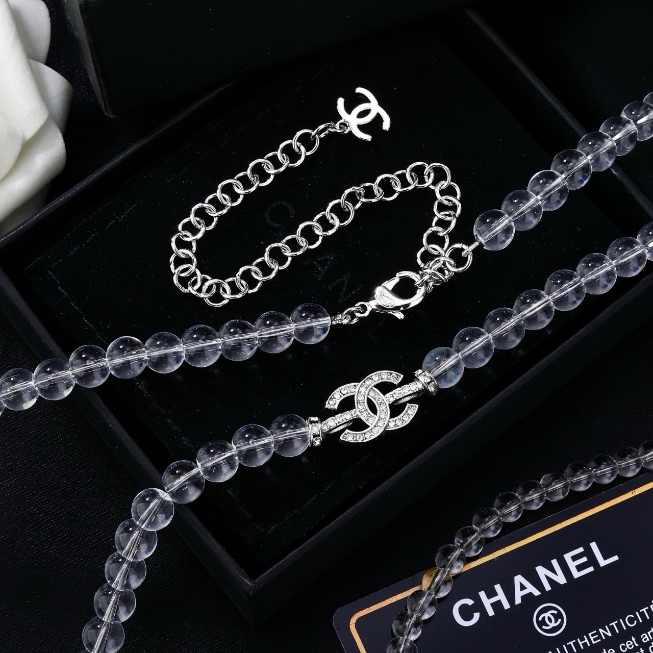 Chanel CC Logo Double Strand Transparent Bead Necklace necklace Silver-tone metal with clear transparent resin beads and clear crystal rhinestones 42cm with 5cm extender chain