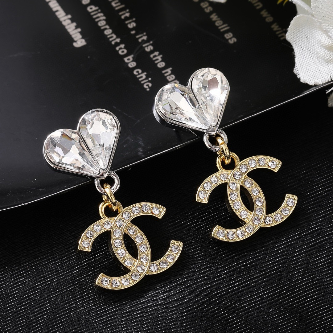 Chanel CC Heart Crystal Drop earrings Two-tone gold and silver metal with clear faceted crystals 2 2cm drop length