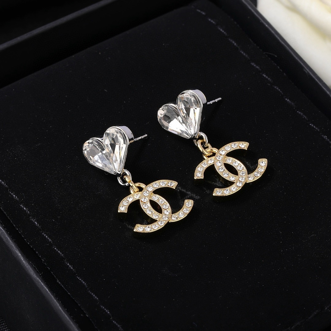 Chanel CC Heart Crystal Drop earrings Two-tone gold and silver metal with clear faceted crystals 2 2cm drop length