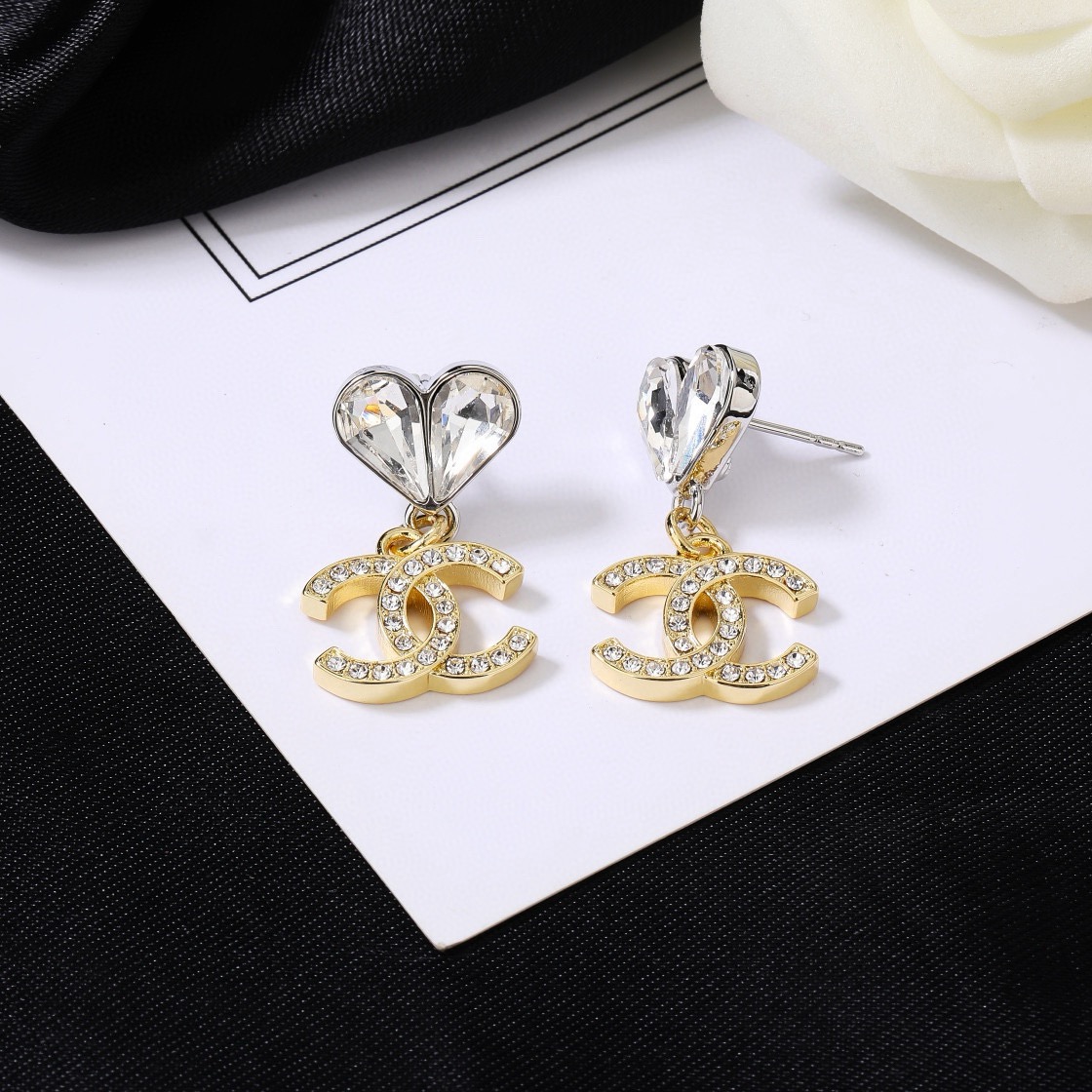 Chanel CC Heart Crystal Drop earrings Two-tone gold and silver metal with clear faceted crystals 2 2cm drop length