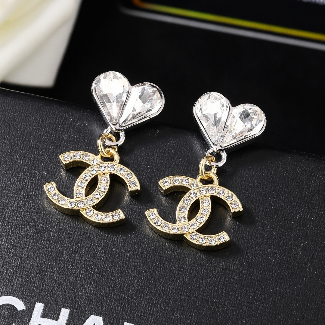 Chanel CC Heart Crystal Drop earrings Two-tone gold and silver metal with clear faceted crystals 2 2cm drop length
