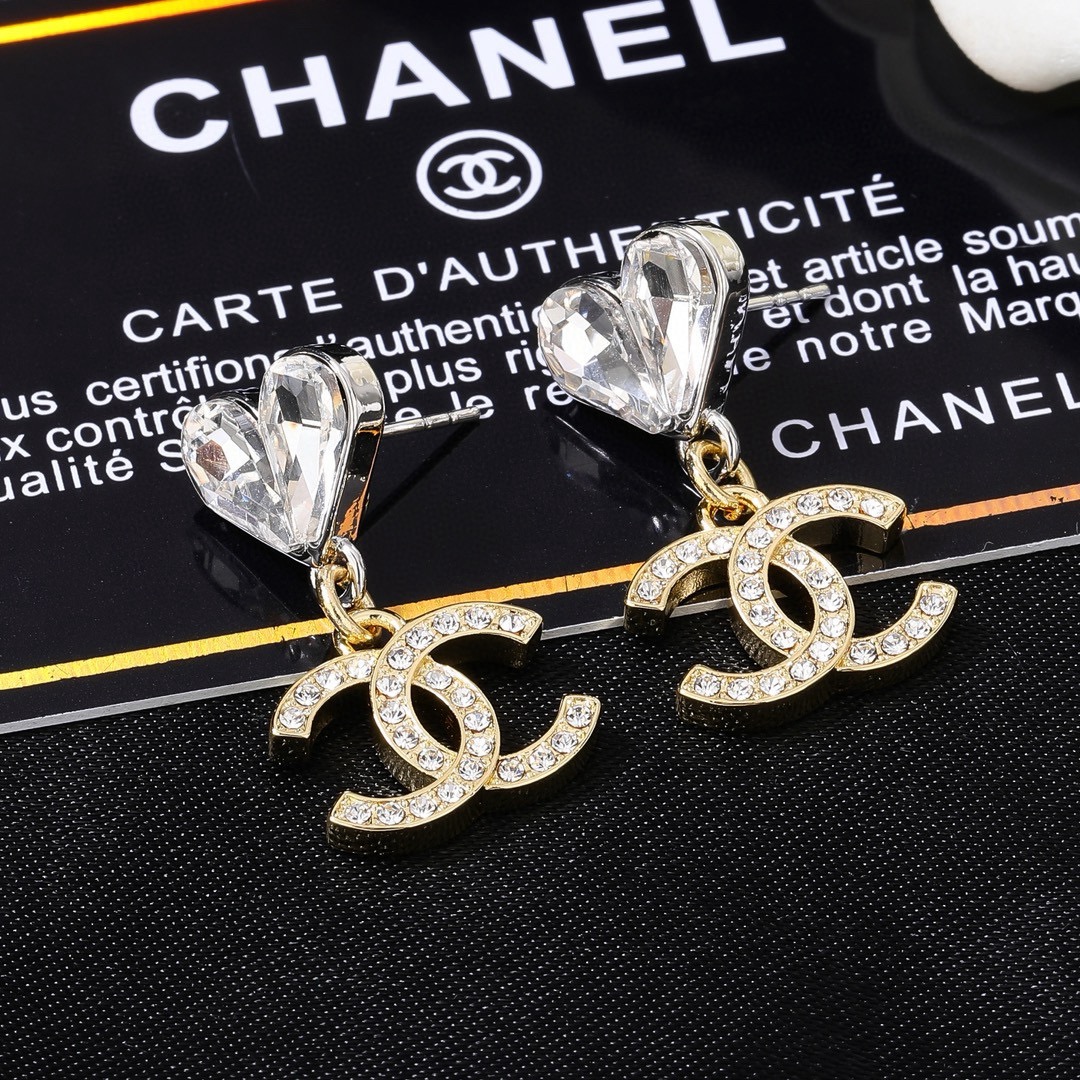 Chanel CC Heart Crystal Drop earrings Two-tone gold and silver metal with clear faceted crystals 2 2cm drop length