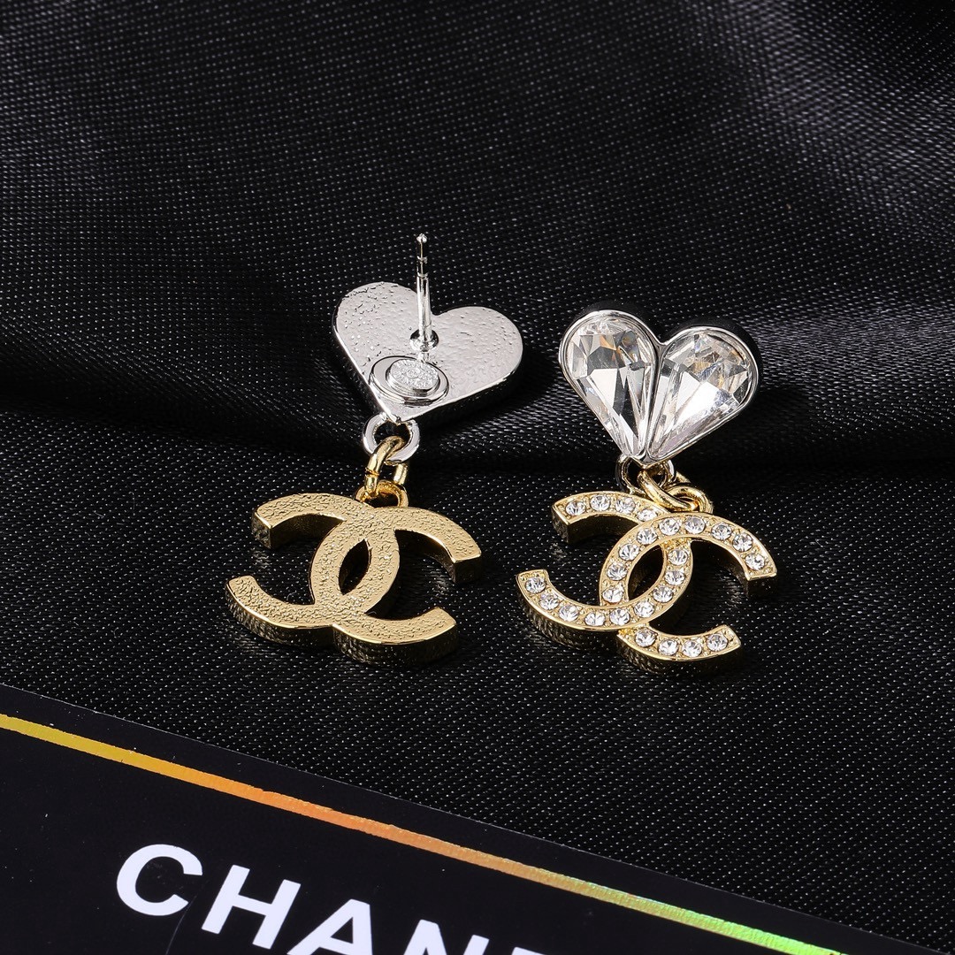 Chanel CC Heart Crystal Drop earrings Two-tone gold and silver metal with clear faceted crystals 2 2cm drop length