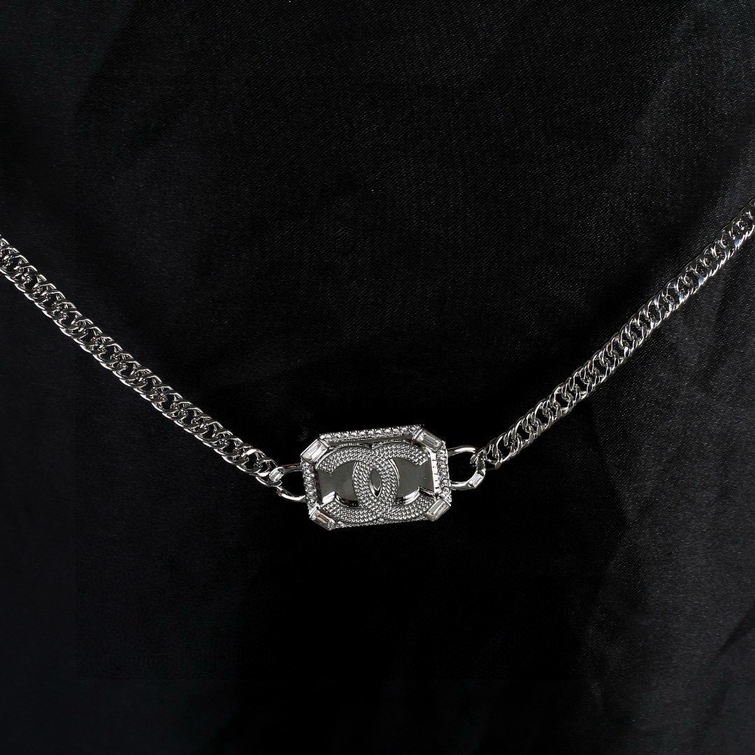 Chanel CC Crystal Embellished Rectangular Chain Belt Necklace necklace Silver-toned metal with clear crystal accents 80cm