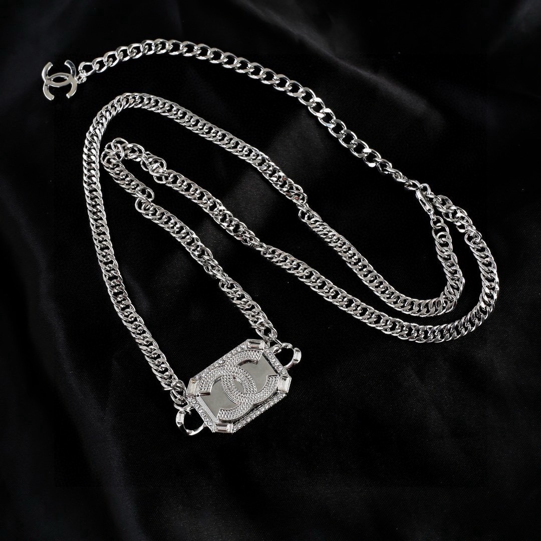 Chanel CC Crystal Embellished Rectangular Chain Belt Necklace necklace Silver-toned metal with clear crystal accents 80cm