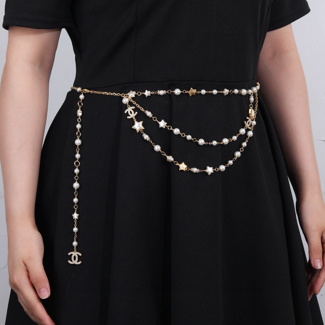 Chanel Goose Star CC Pearl Multi-Strand Waist Chain necklace Gold-tone metal white faux pearl white enamel star clear crystal 80cm