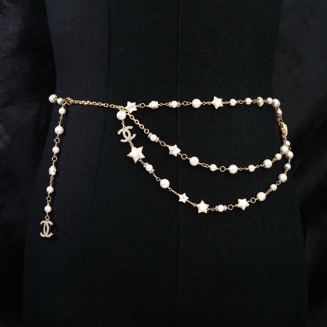 Chanel Goose Star CC Pearl Multi-Strand Waist Chain necklace Gold-tone metal white faux pearl white enamel star clear crystal 80cm