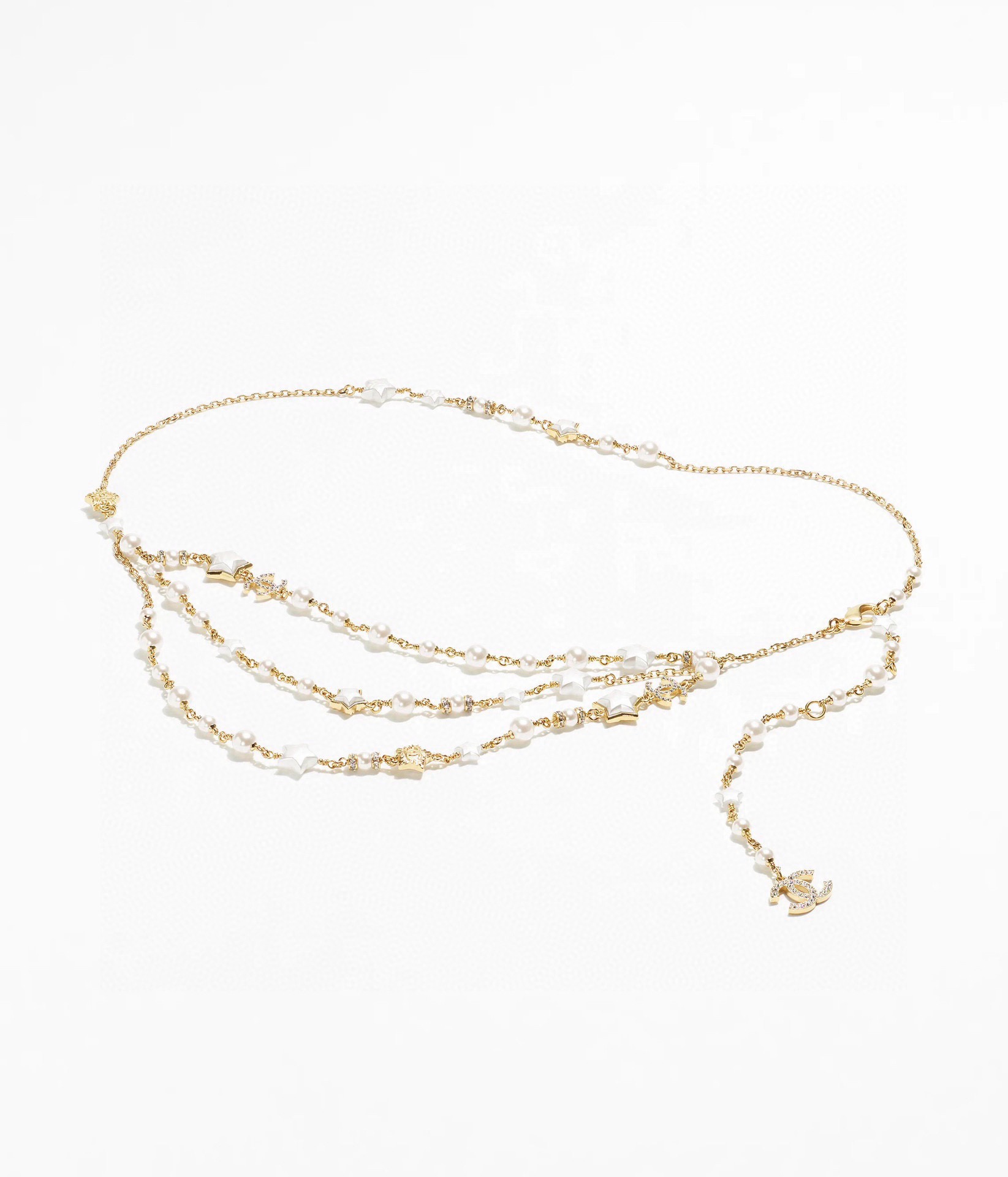 Chanel Goose Star CC Pearl Multi-Strand Waist Chain necklace Gold-tone metal white faux pearl white enamel star clear crystal 80cm