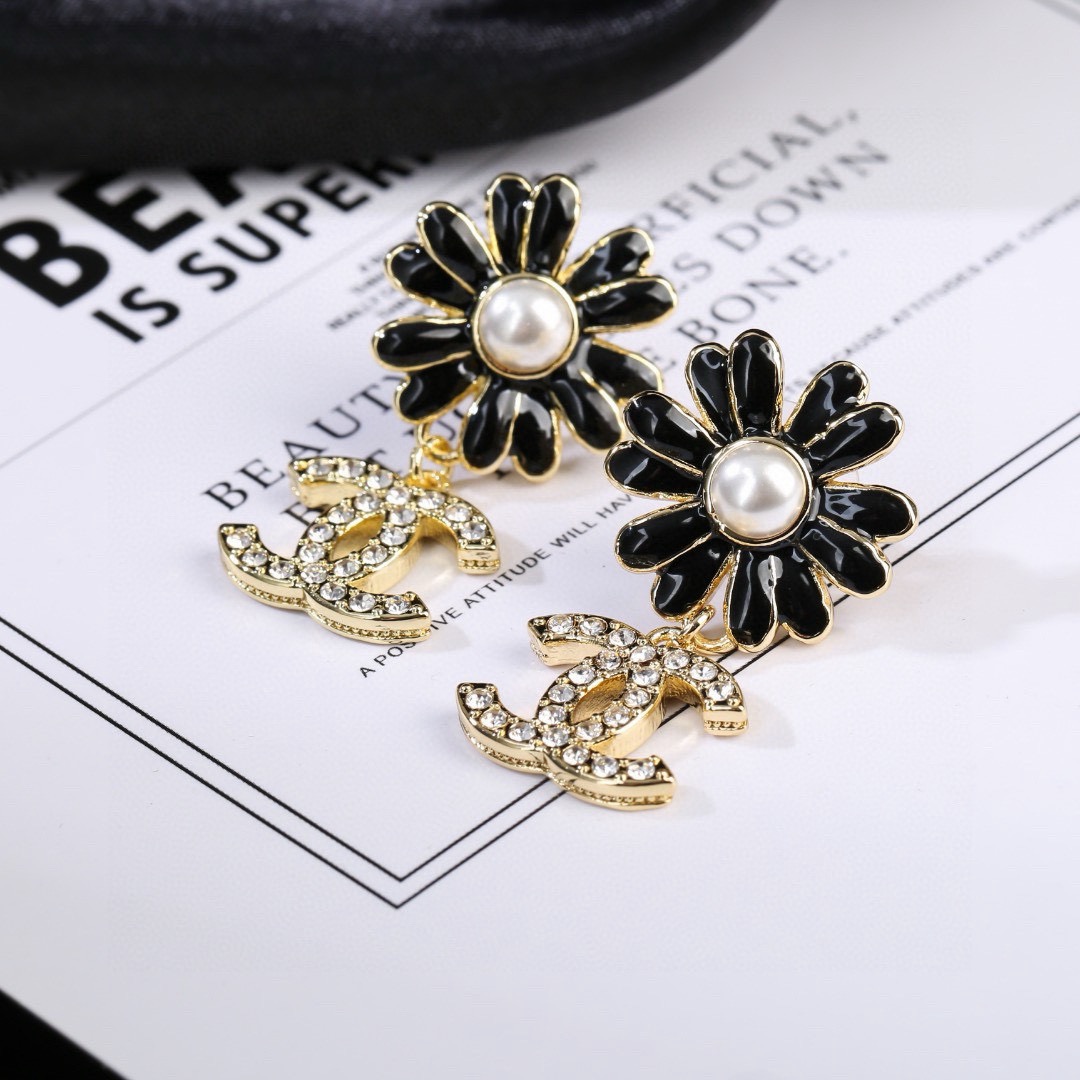 Chanel CC Daisy Drop Earrings earrings Gold-tone metal black enamel white faux pearl clear crystal rhinestones One Size drop length approx 2 5cm