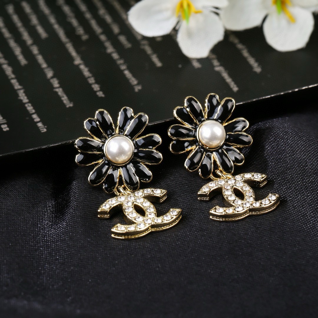 Chanel CC Daisy Drop Earrings earrings Gold-tone metal black enamel white faux pearl clear crystal rhinestones One Size drop length approx 2 5cm