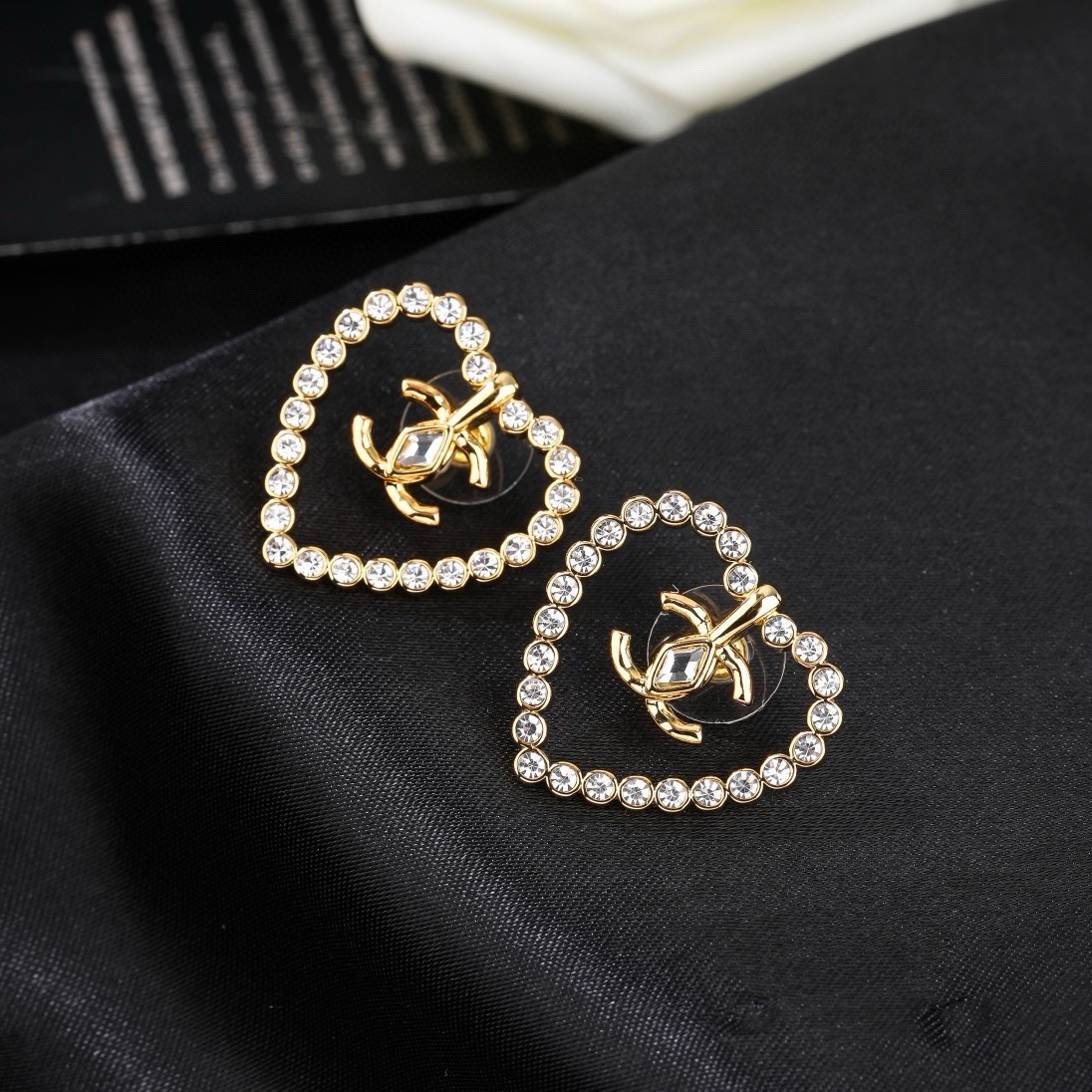 Chanel CC Heart Crystal Stud Earrings earrings gold-tone metal with clear faceted crystals 2 2cm diameter