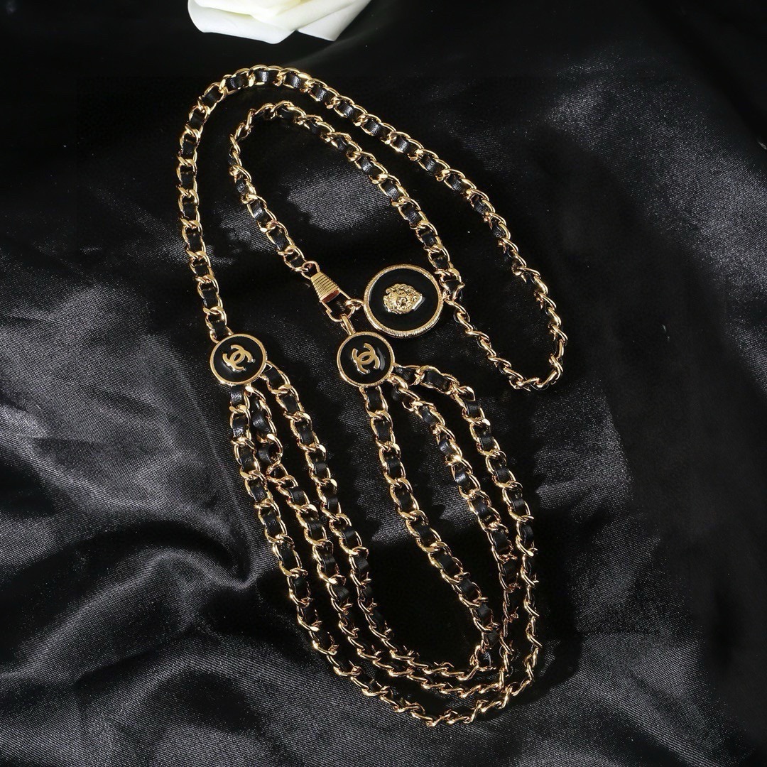 Chanel CC Logo Leather Woven Multi-Strand Chain Belt necklace Gold-tone metal with black leather inlay black enamel CC logo medallions 105cm
