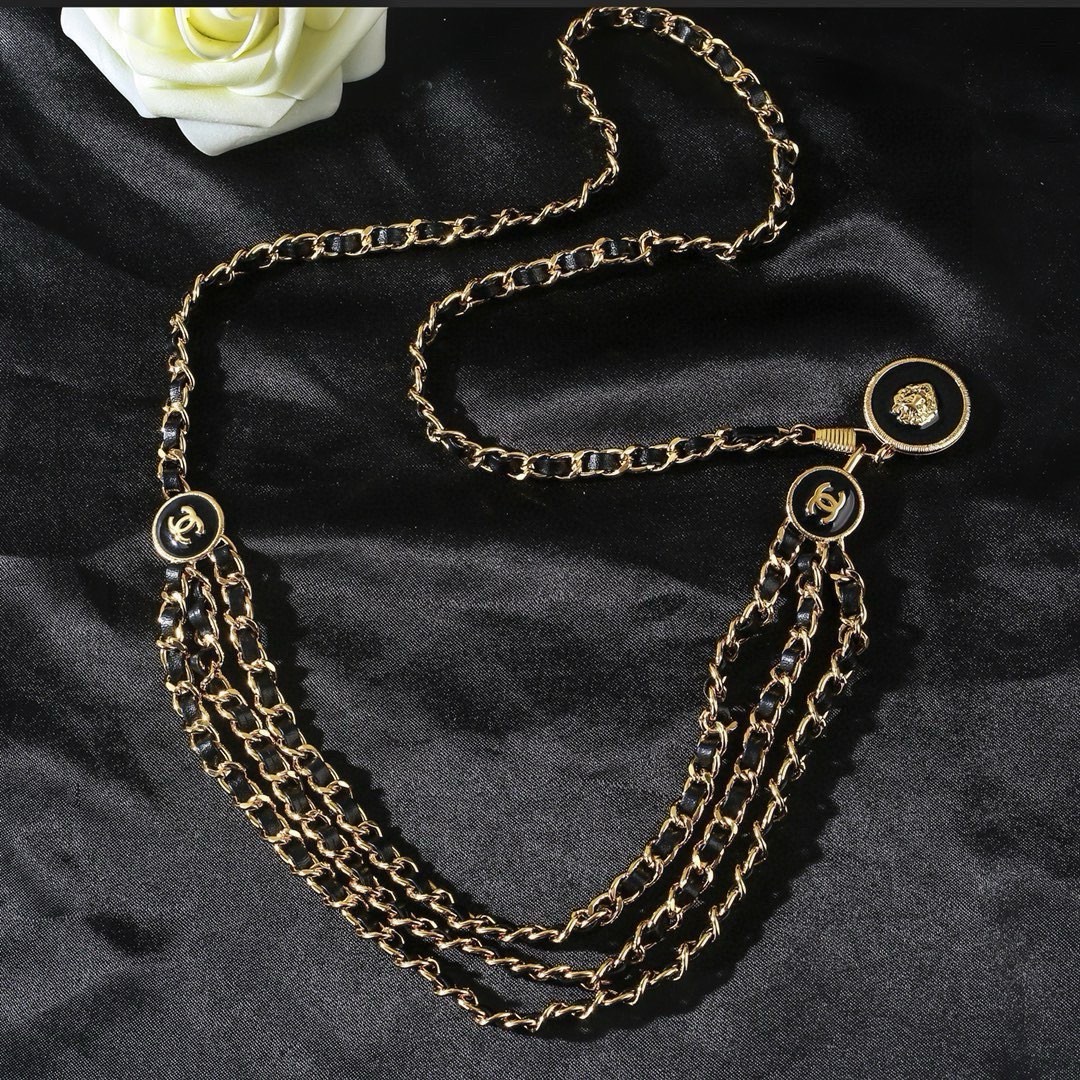 Chanel CC Logo Leather Woven Multi-Strand Chain Belt necklace Gold-tone metal with black leather inlay black enamel CC logo medallions 105cm