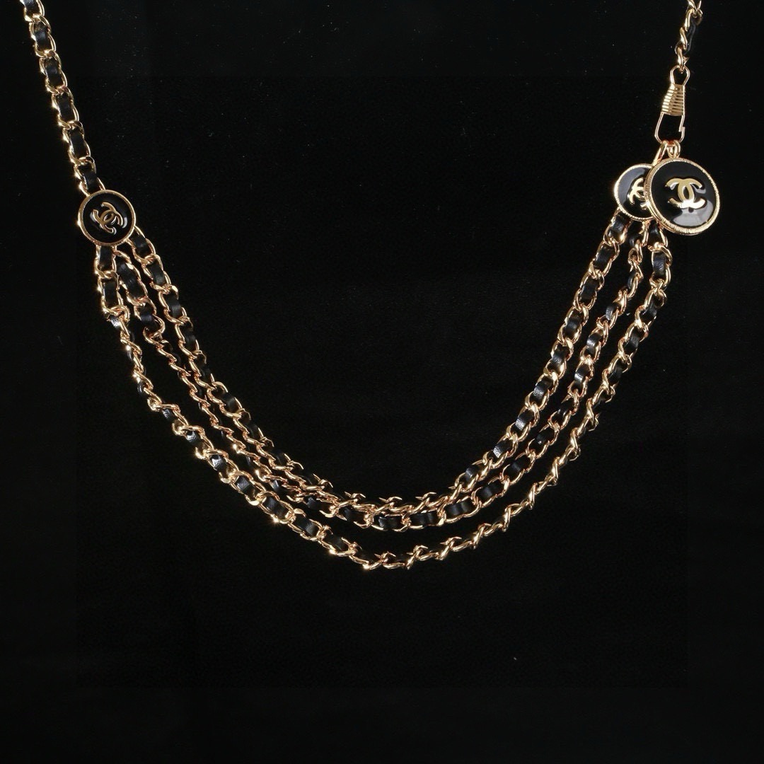 Chanel CC Logo Leather Woven Multi-Strand Chain Belt necklace Gold-tone metal with black leather inlay black enamel CC logo medallions 105cm