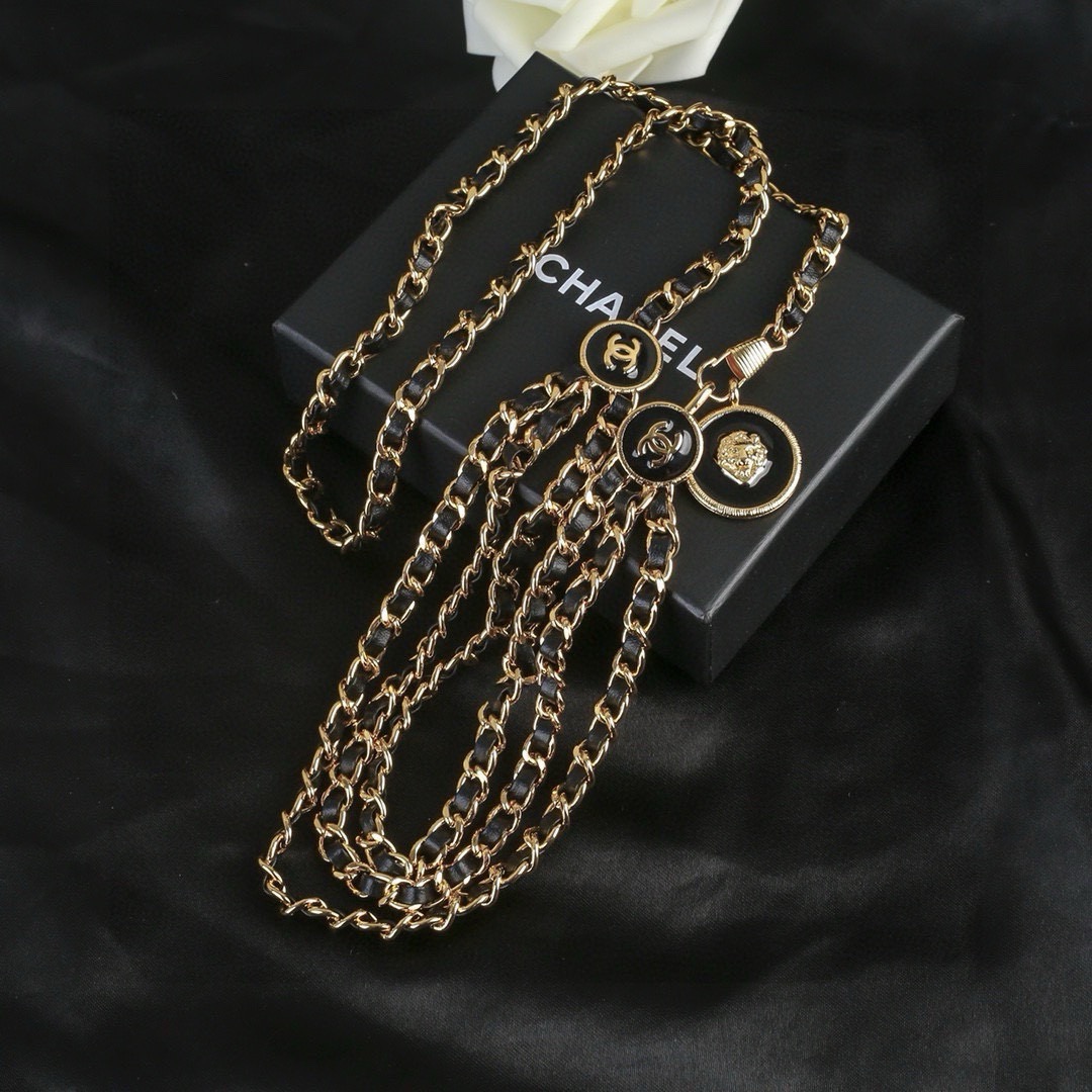 Chanel CC Logo Leather Woven Multi-Strand Chain Belt necklace Gold-tone metal with black leather inlay black enamel CC logo medallions 105cm