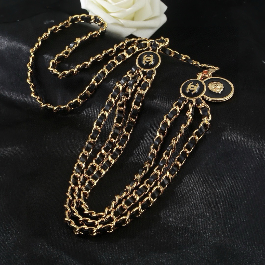 Chanel CC Logo Leather Woven Multi-Strand Chain Belt necklace Gold-tone metal with black leather inlay black enamel CC logo medallions 105cm