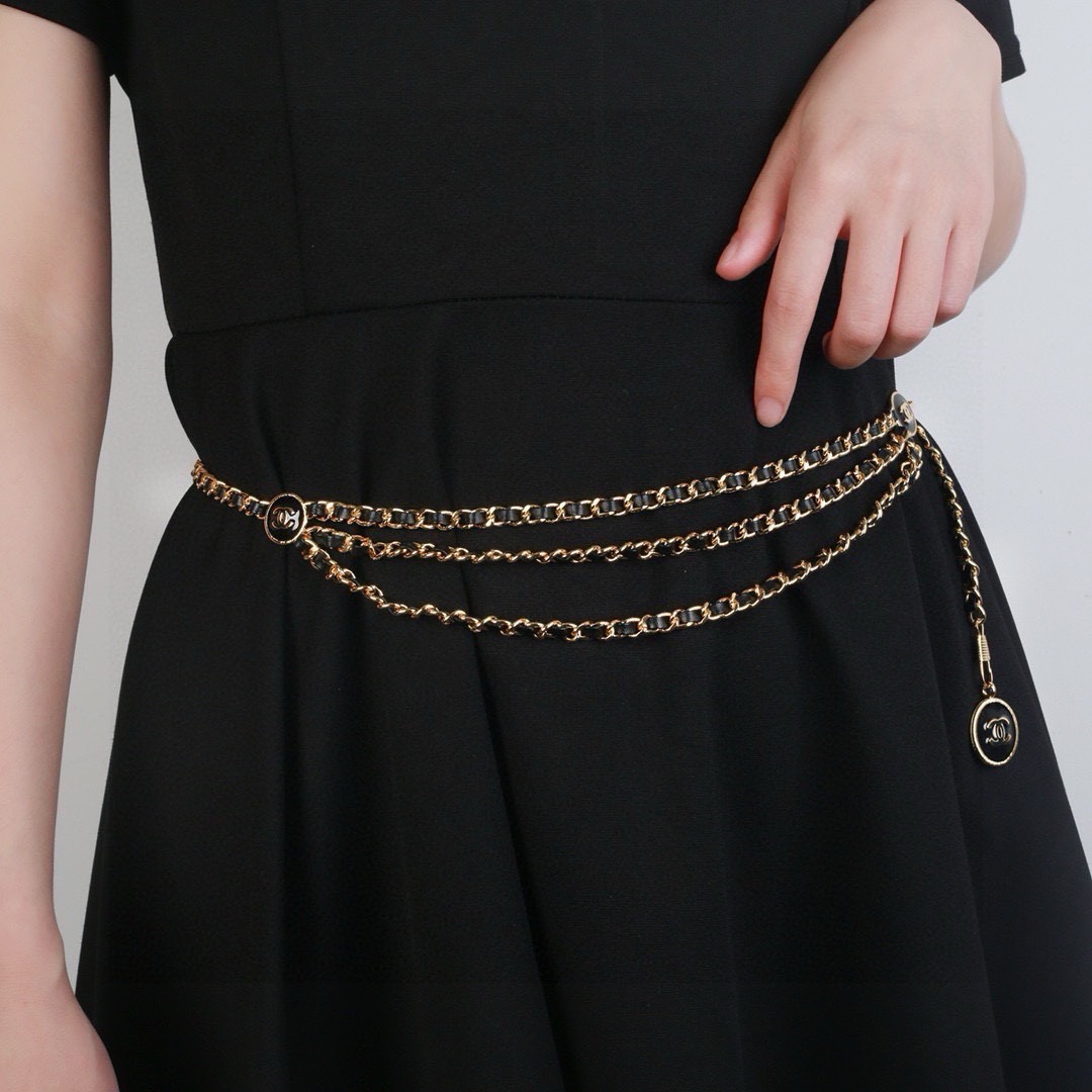 Chanel CC Logo Leather Woven Multi-Strand Chain Belt necklace Gold-tone metal with black leather inlay black enamel CC logo medallions 105cm