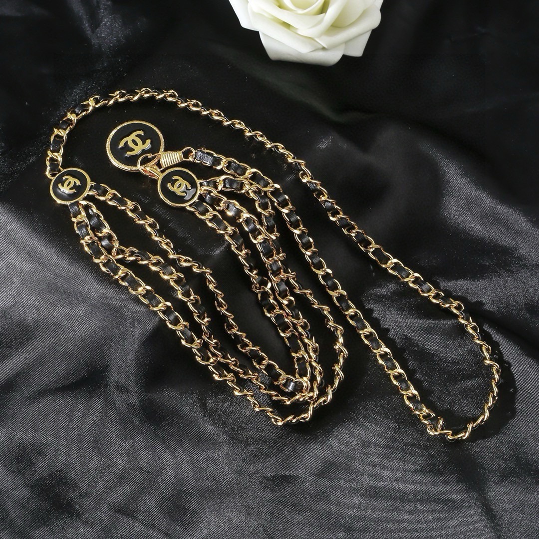 Chanel CC Logo Leather Woven Multi-Strand Chain Belt necklace Gold-tone metal with black leather inlay black enamel CC logo medallions 105cm