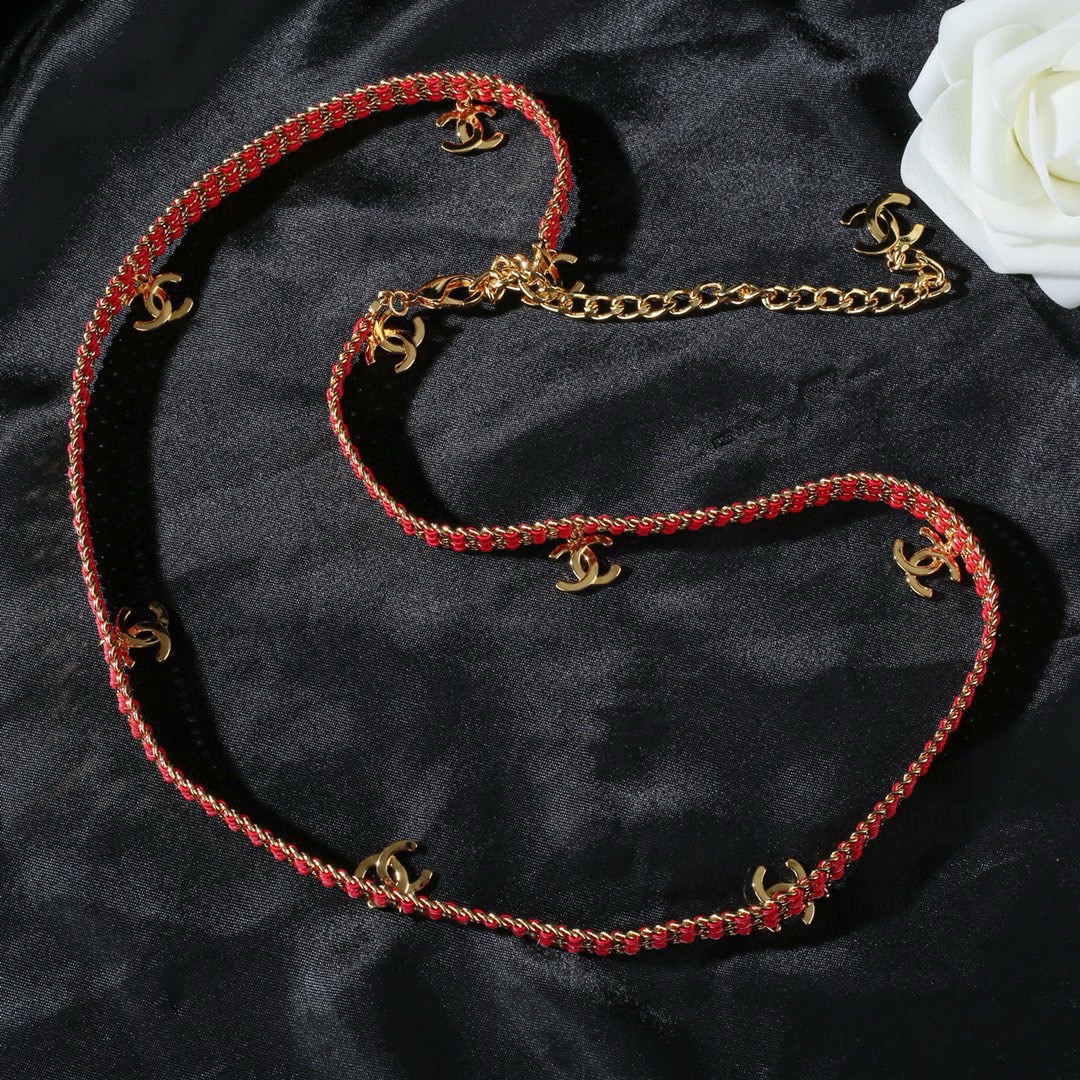 Chanel CC Logo New Arrival Chain Belt necklace Gold-tone metal with red woven cord 80cm with 10cm extension